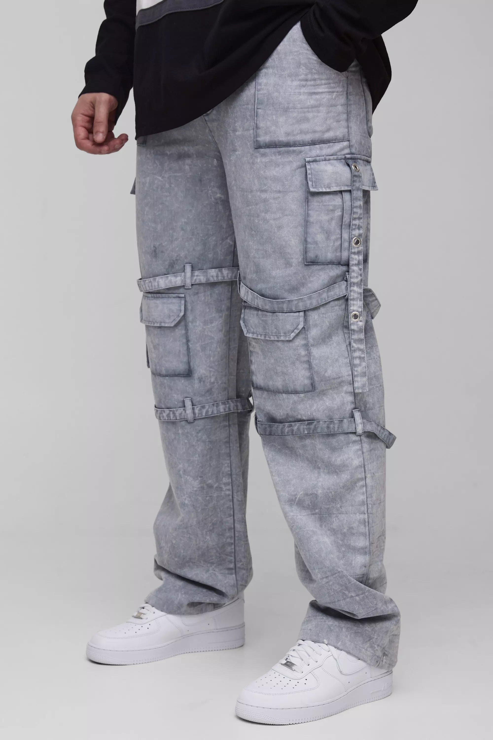 Tall Acid Wash Strappy Relaxed Fit Cargo Pants Grey