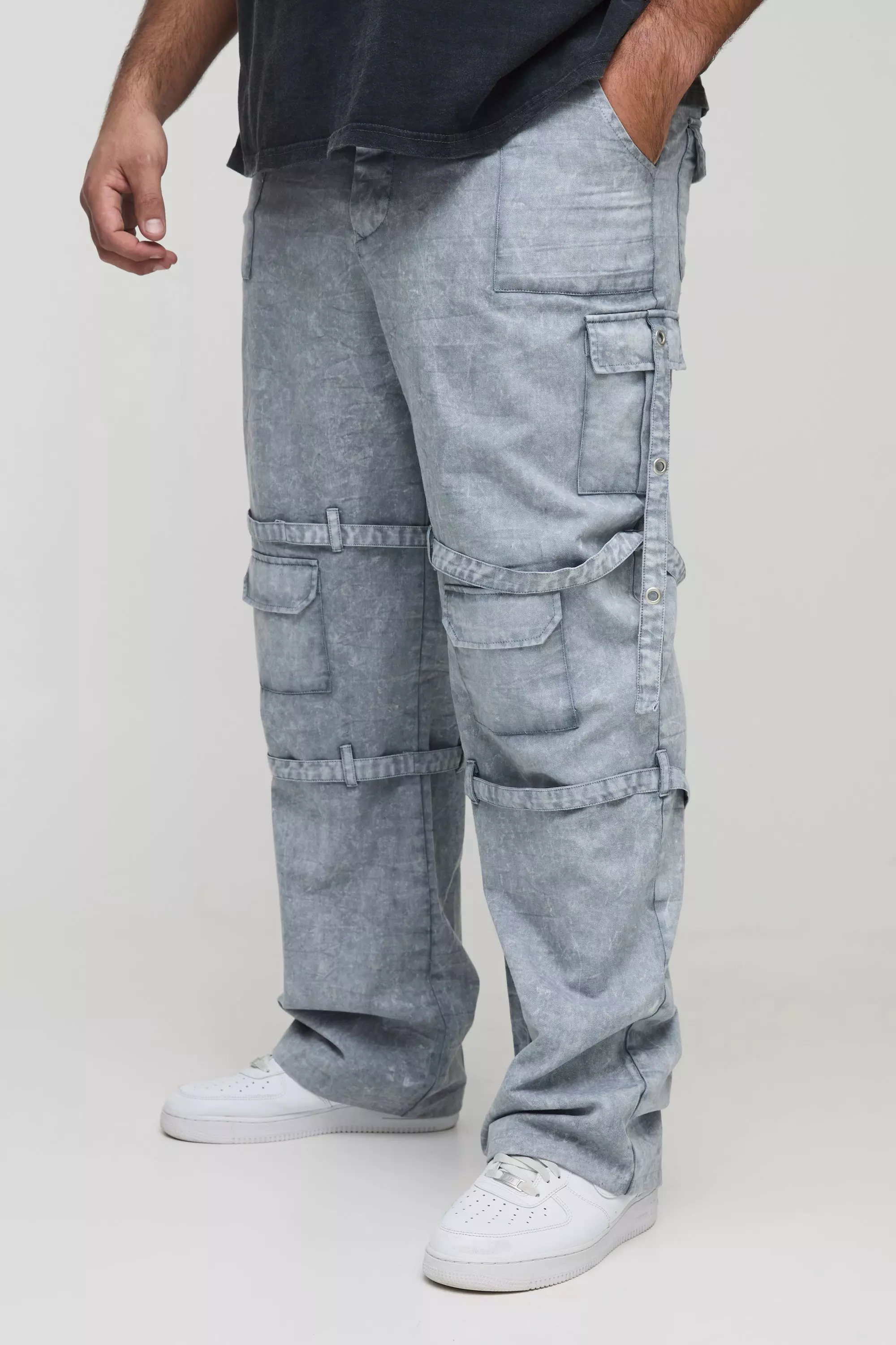 Plus Acid Wash Strappy Relaxed Fit Cargo Pants Grey