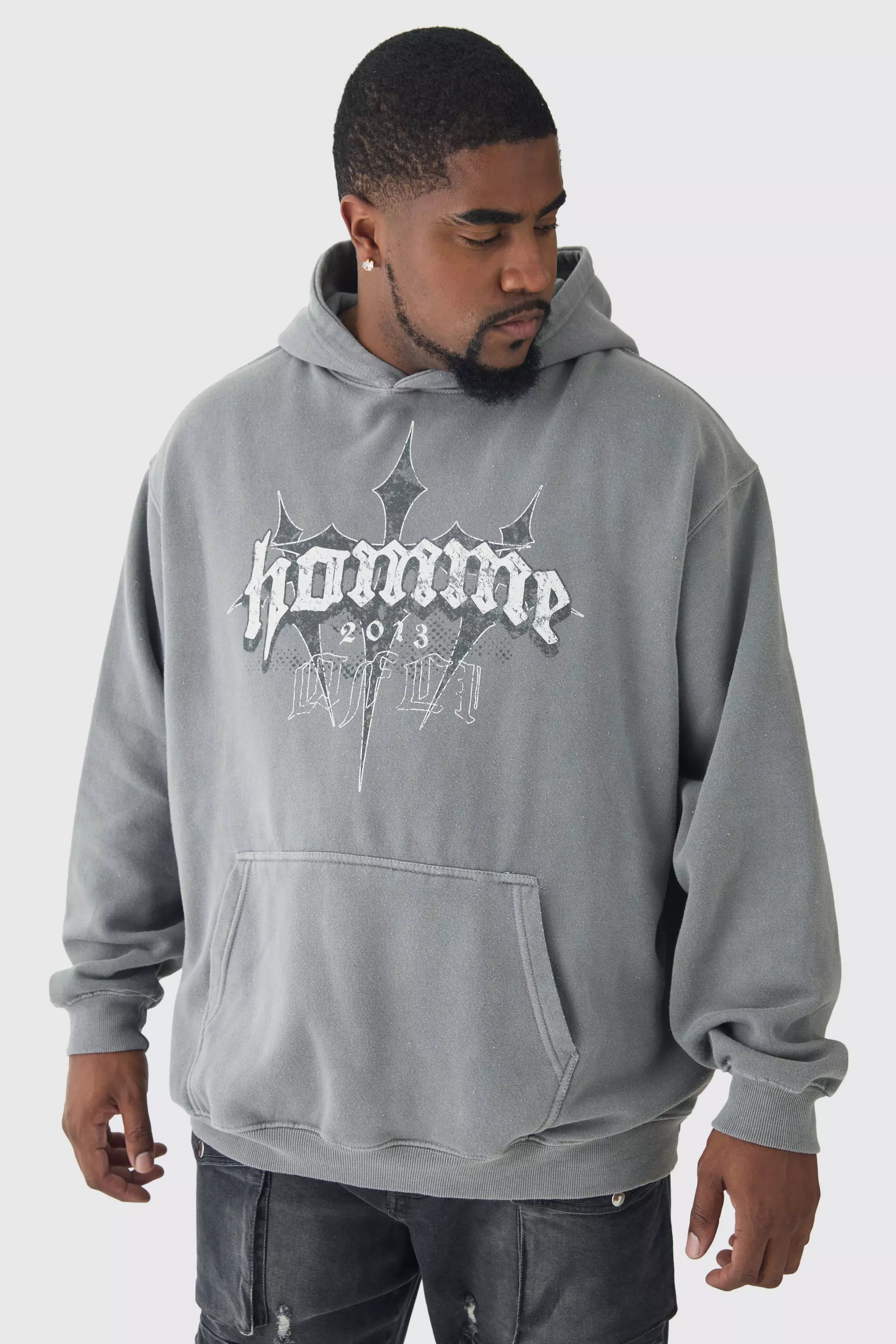 Grey Plus Oversized Homme Cross Print Hoodie In Grey