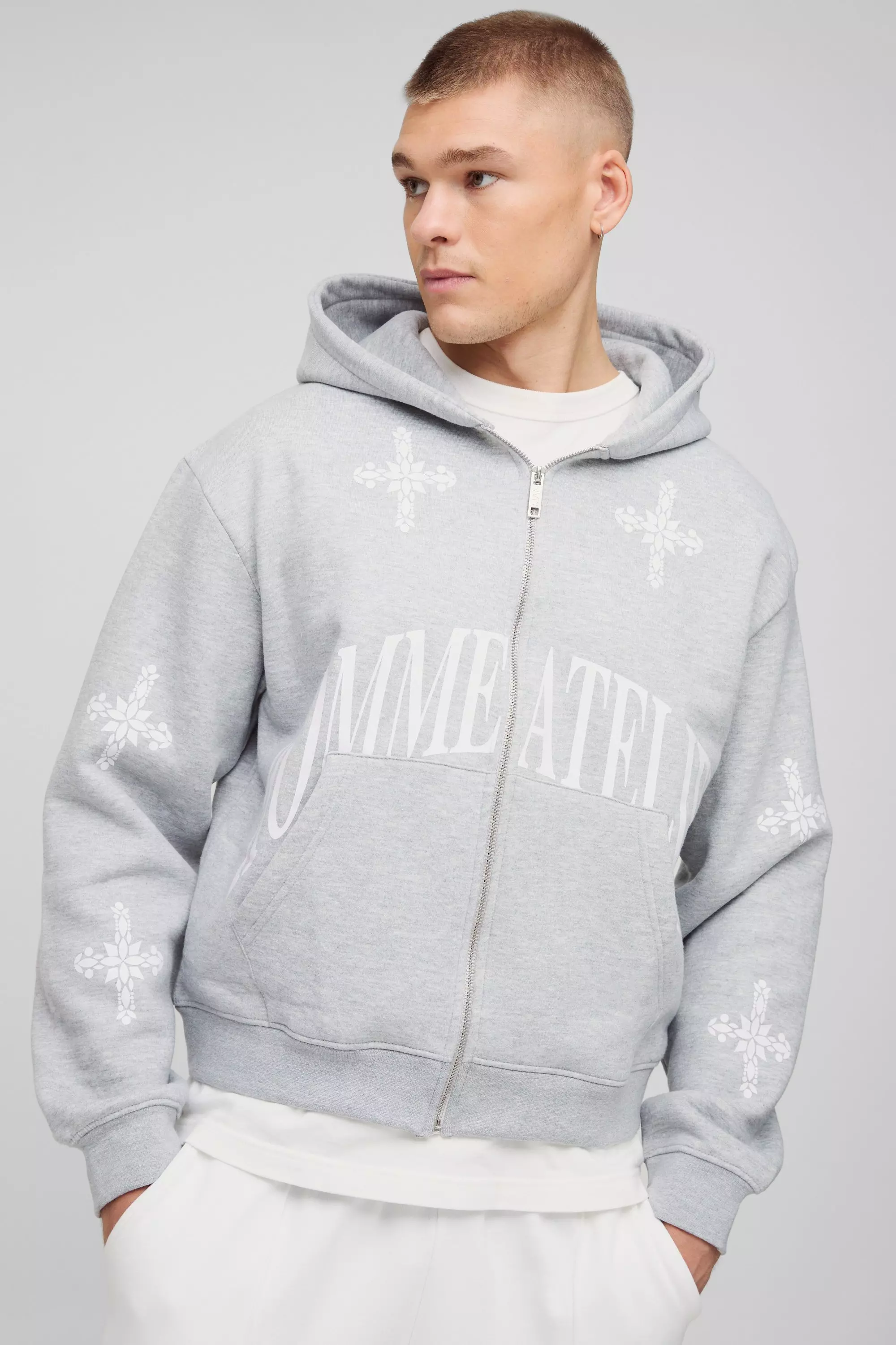 Grey Oversized Boxy Zip Through Homme Print Cross Hoodie