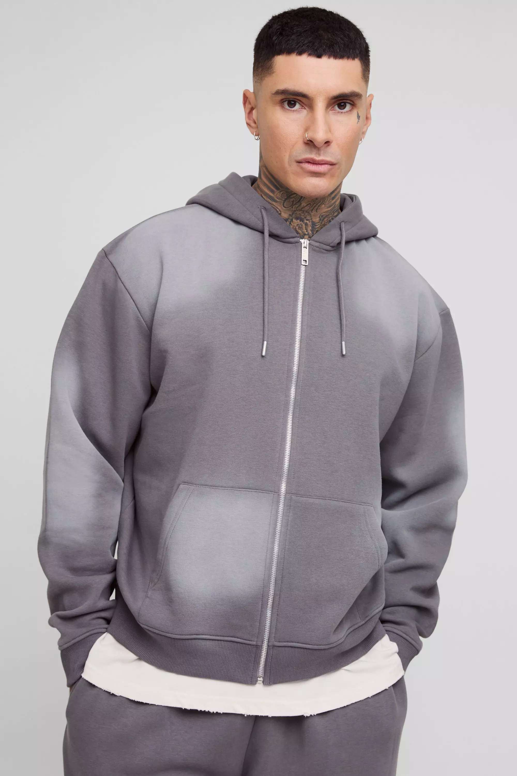 Grey Tall Oversized Boxy Spray Wash Zip Through Hoodie