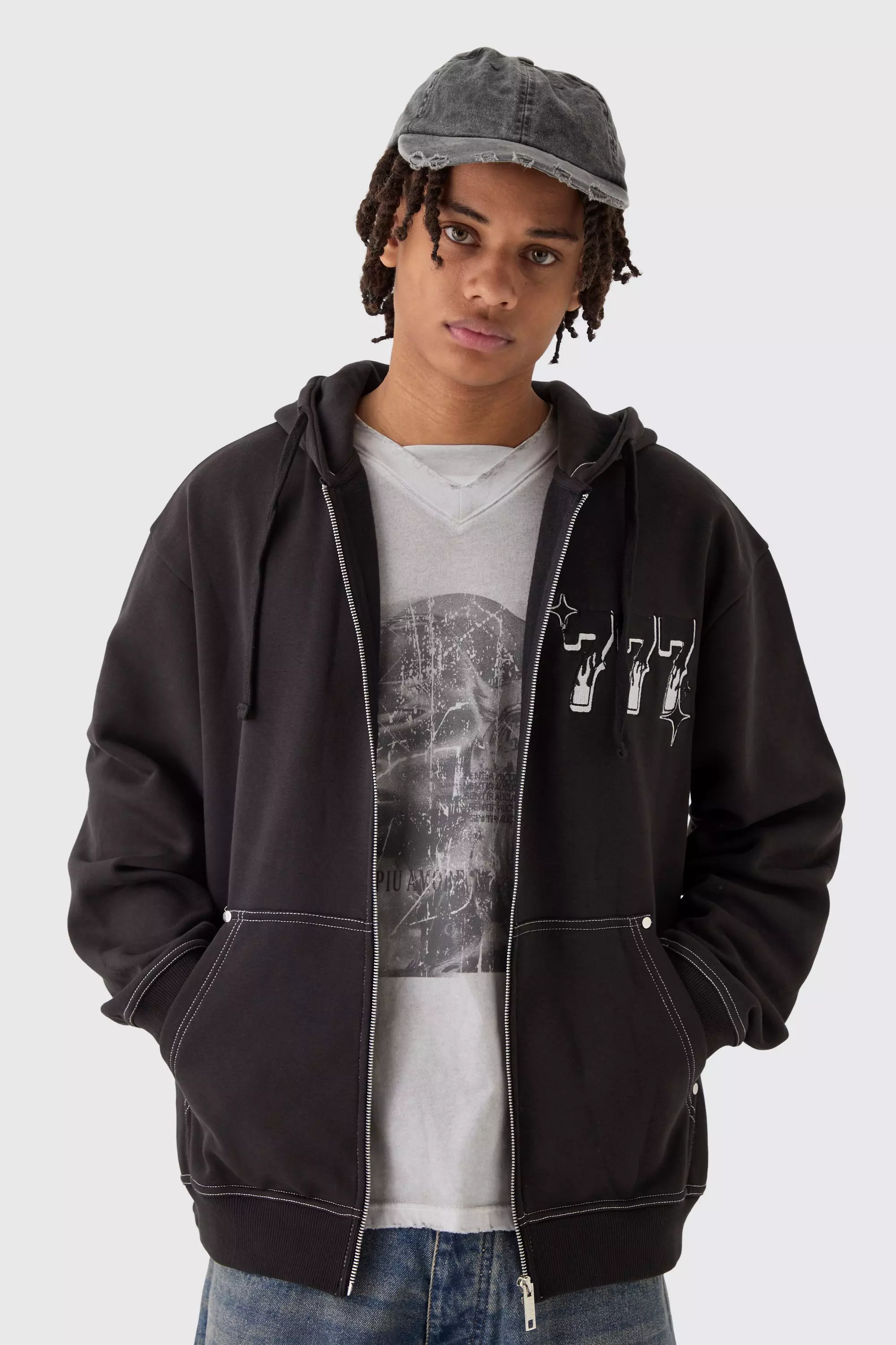 Black Oversized 777 Embroidery Zip Through Hoodie