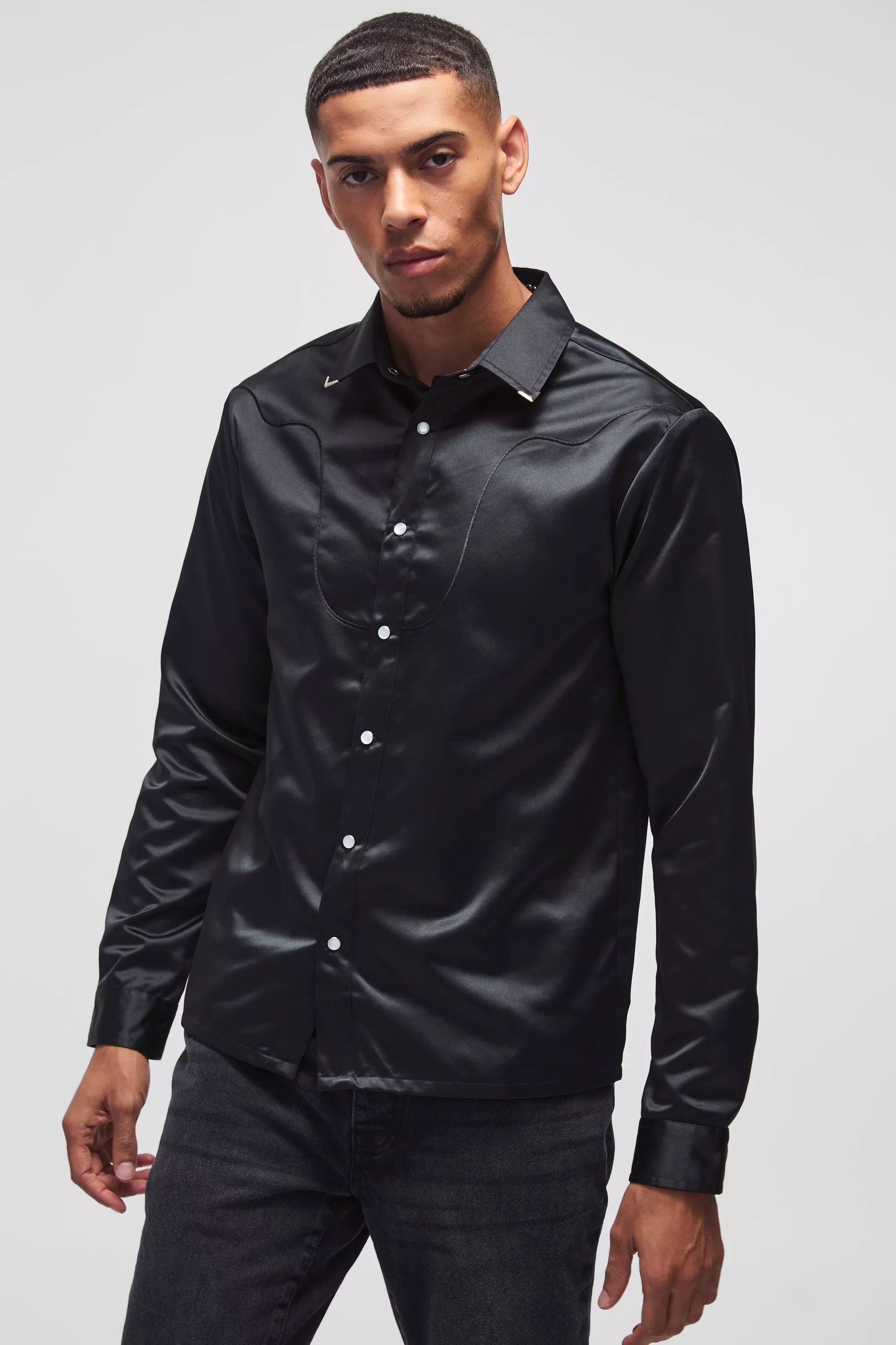 Black Regular Satin Western Long Sleeve Shirt alternative image