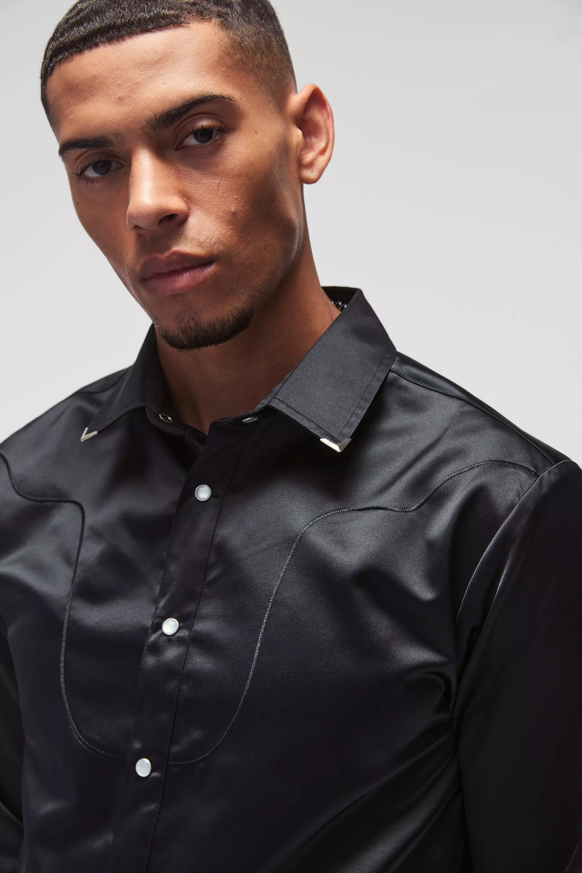Black Regular Satin Western Long Sleeve Shirt alternative image