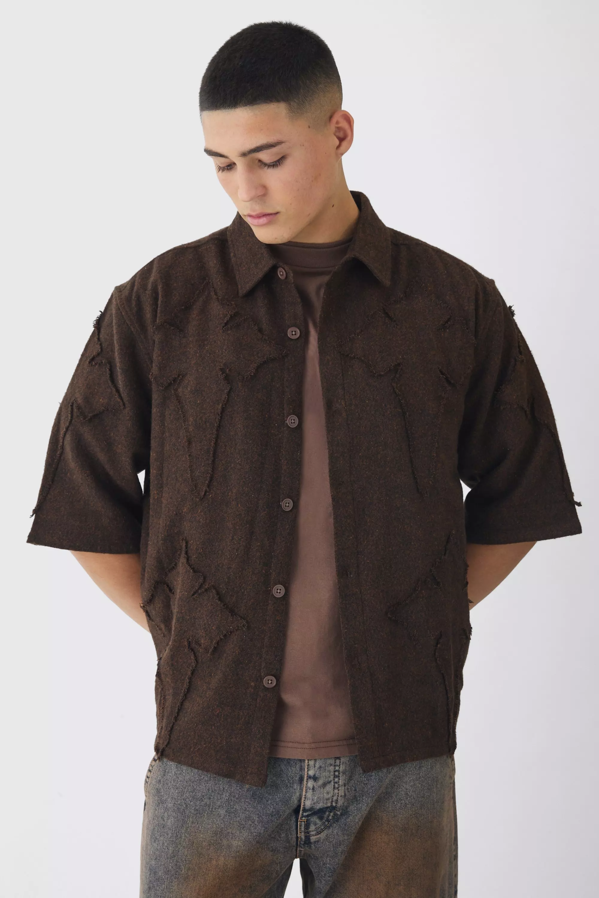 Brown Oversized Cross Applique Brushed Half Sleeve Shirt alternative image
