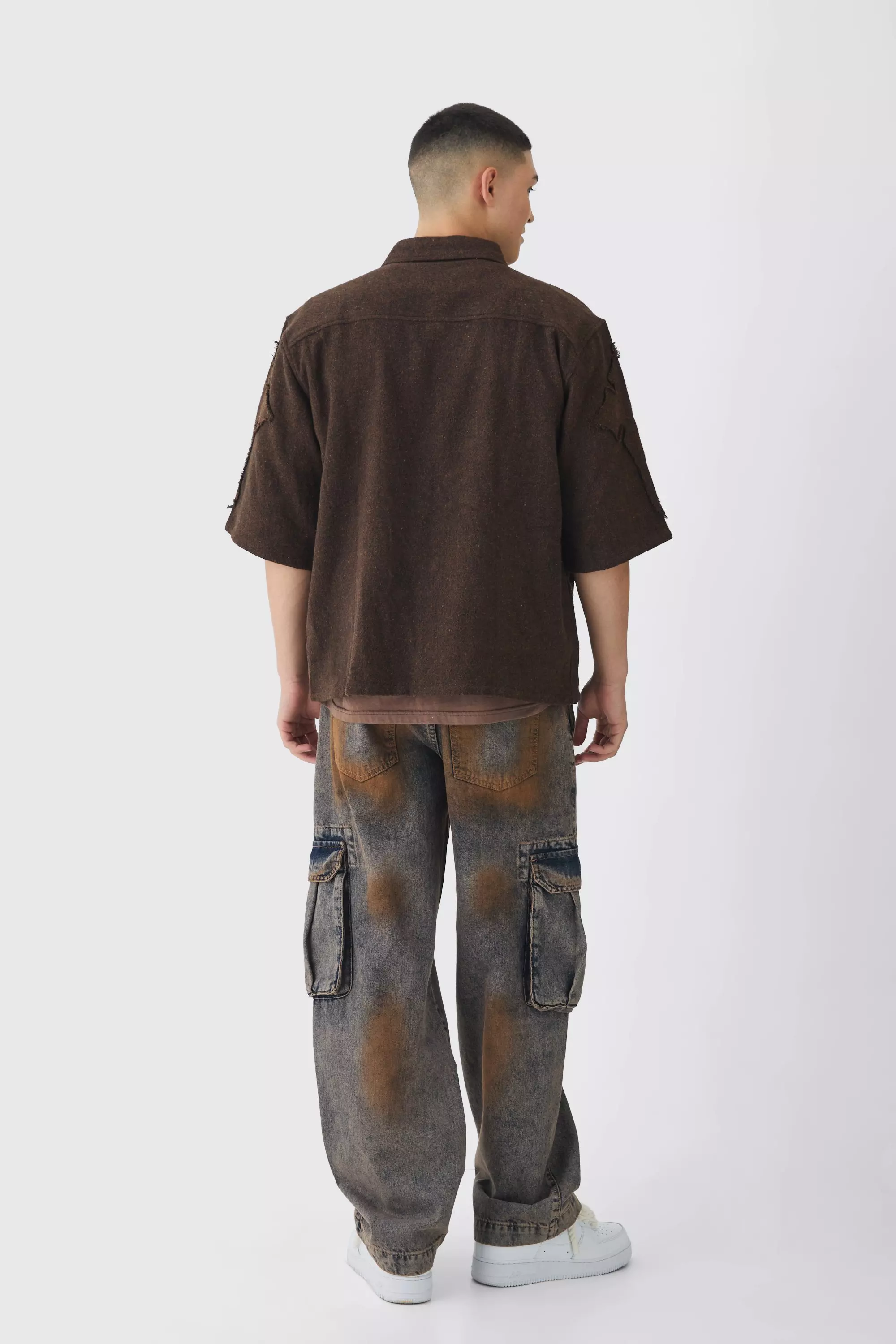 Brown Oversized Cross Applique Brushed Half Sleeve Shirt alternative image