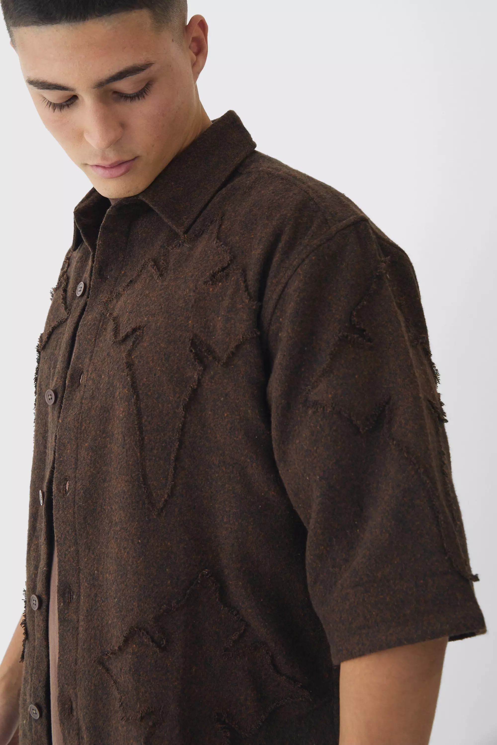 Brown Oversized Cross Applique Brushed Half Sleeve Shirt alternative image