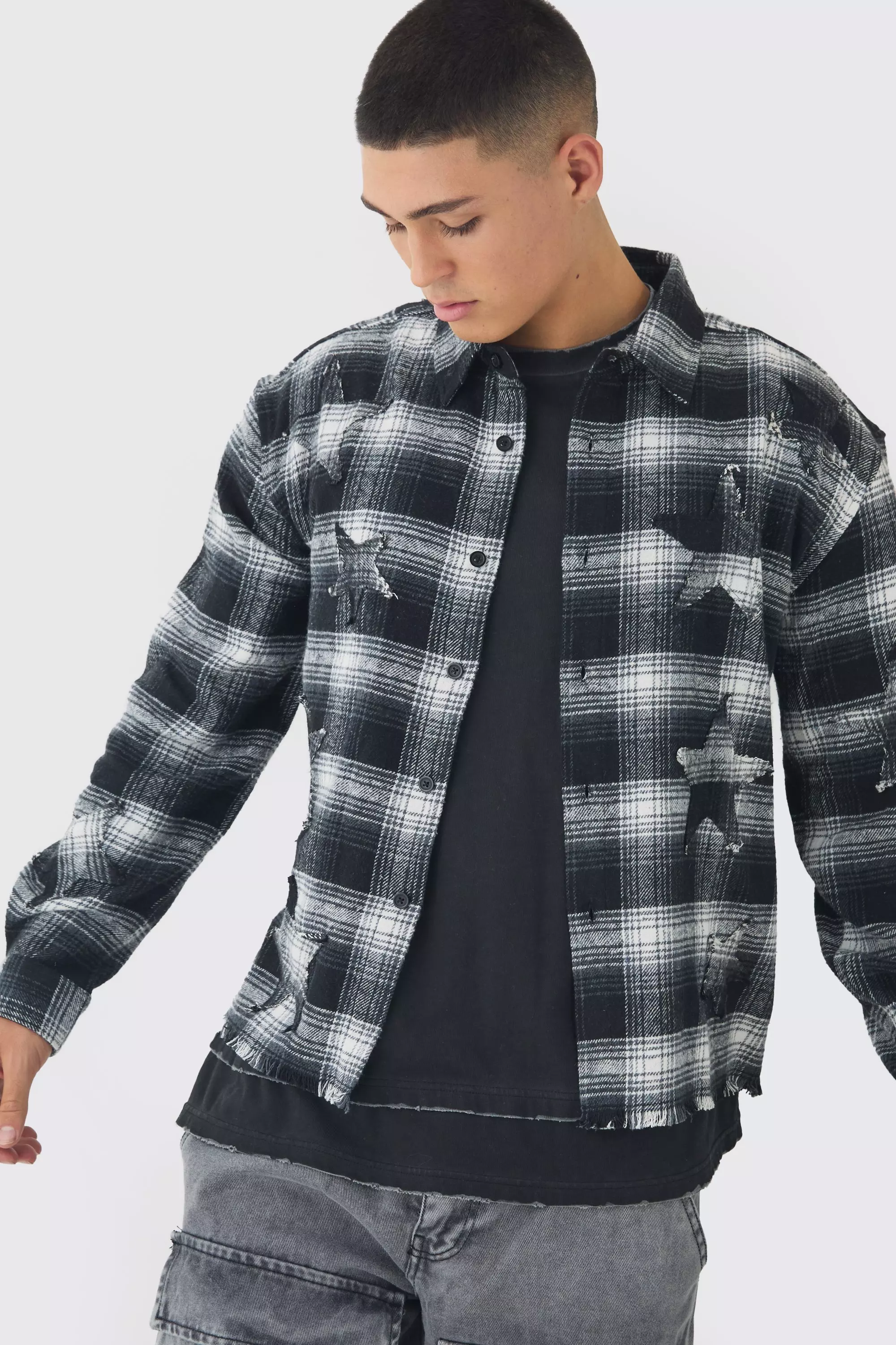 Charcoal Oversized Boxy Star Applique Check Shirt alternative image