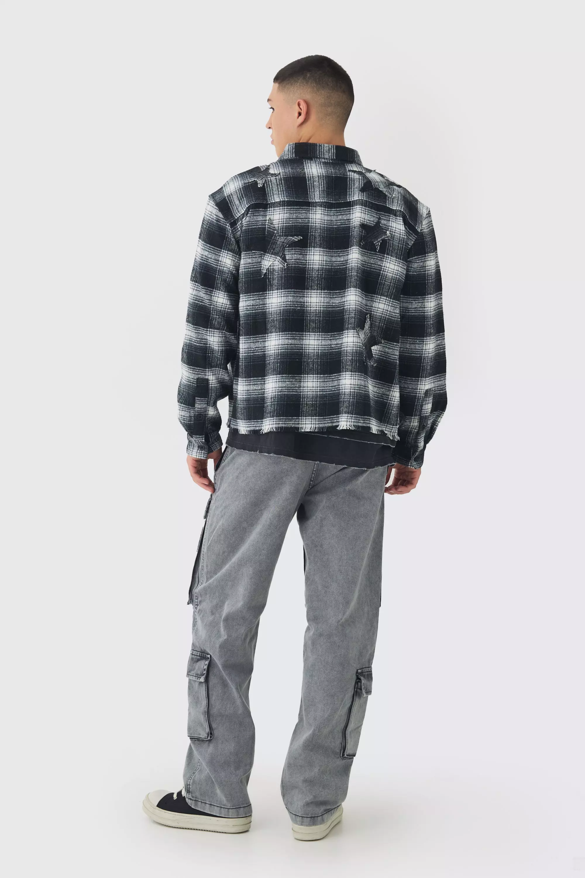 Charcoal Oversized Boxy Star Applique Check Shirt alternative image
