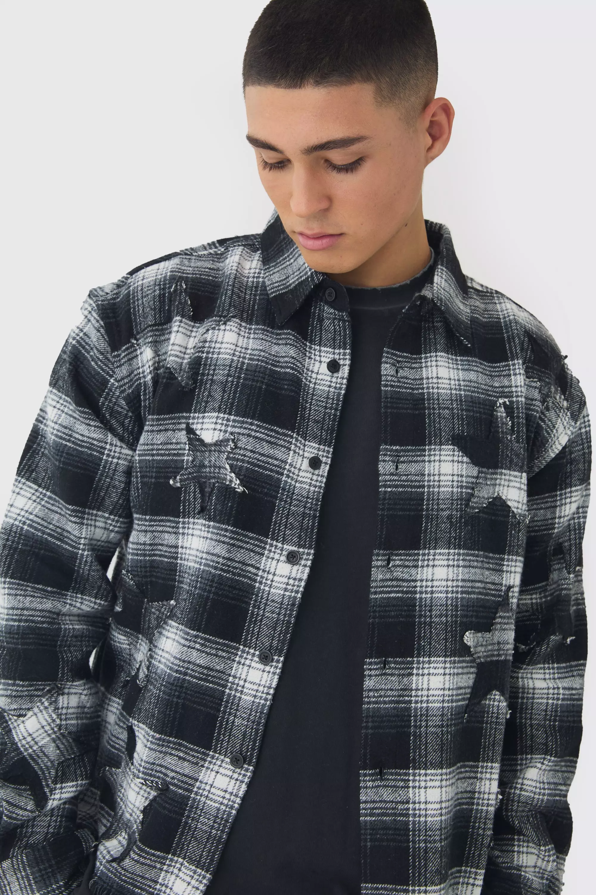 Charcoal Oversized Boxy Star Applique Check Shirt alternative image