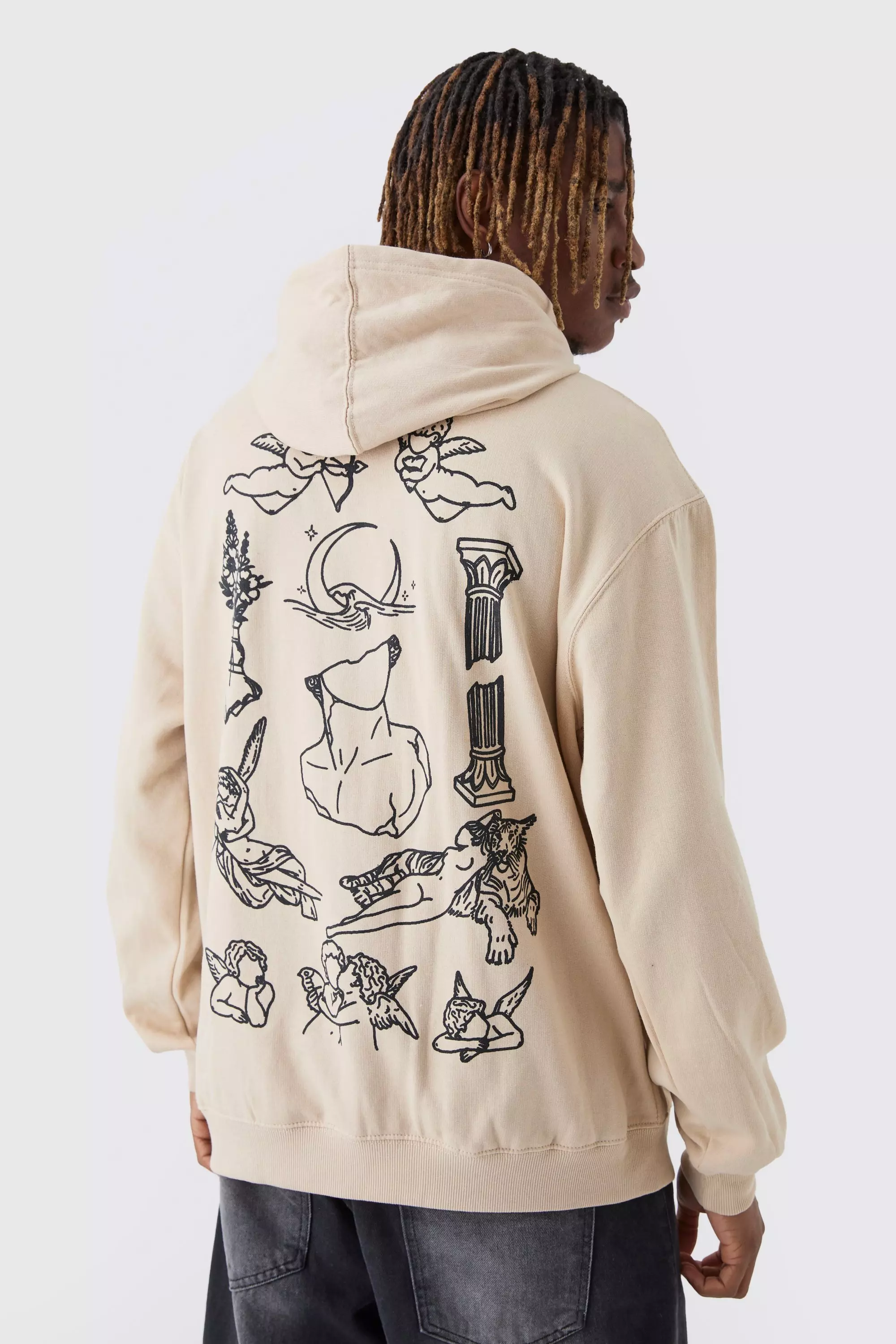 Tall Patchwork Tattoo Print Oversized Hoodie Sand