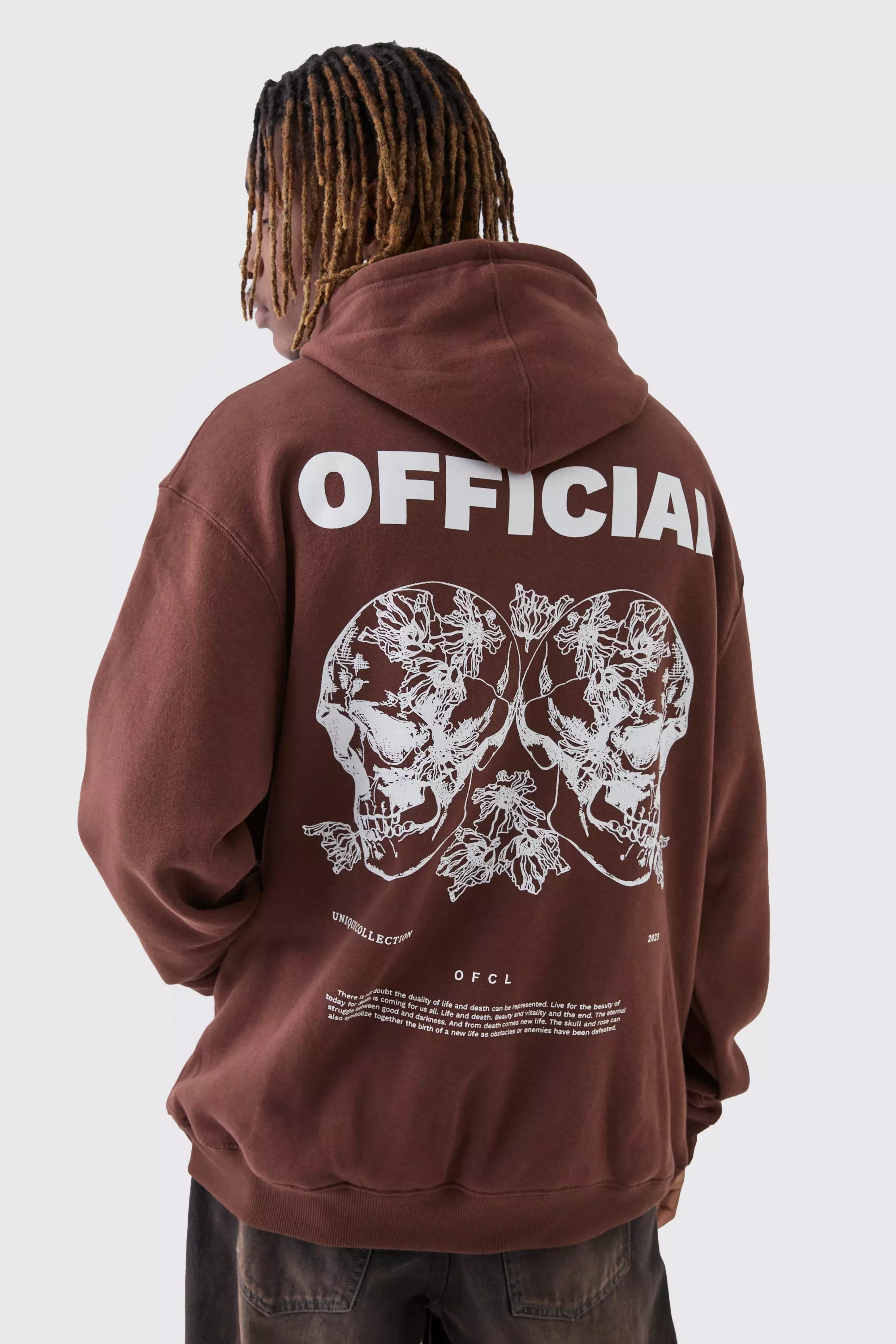 Tall Skull Back Print Oversized Hoodie Chocolate