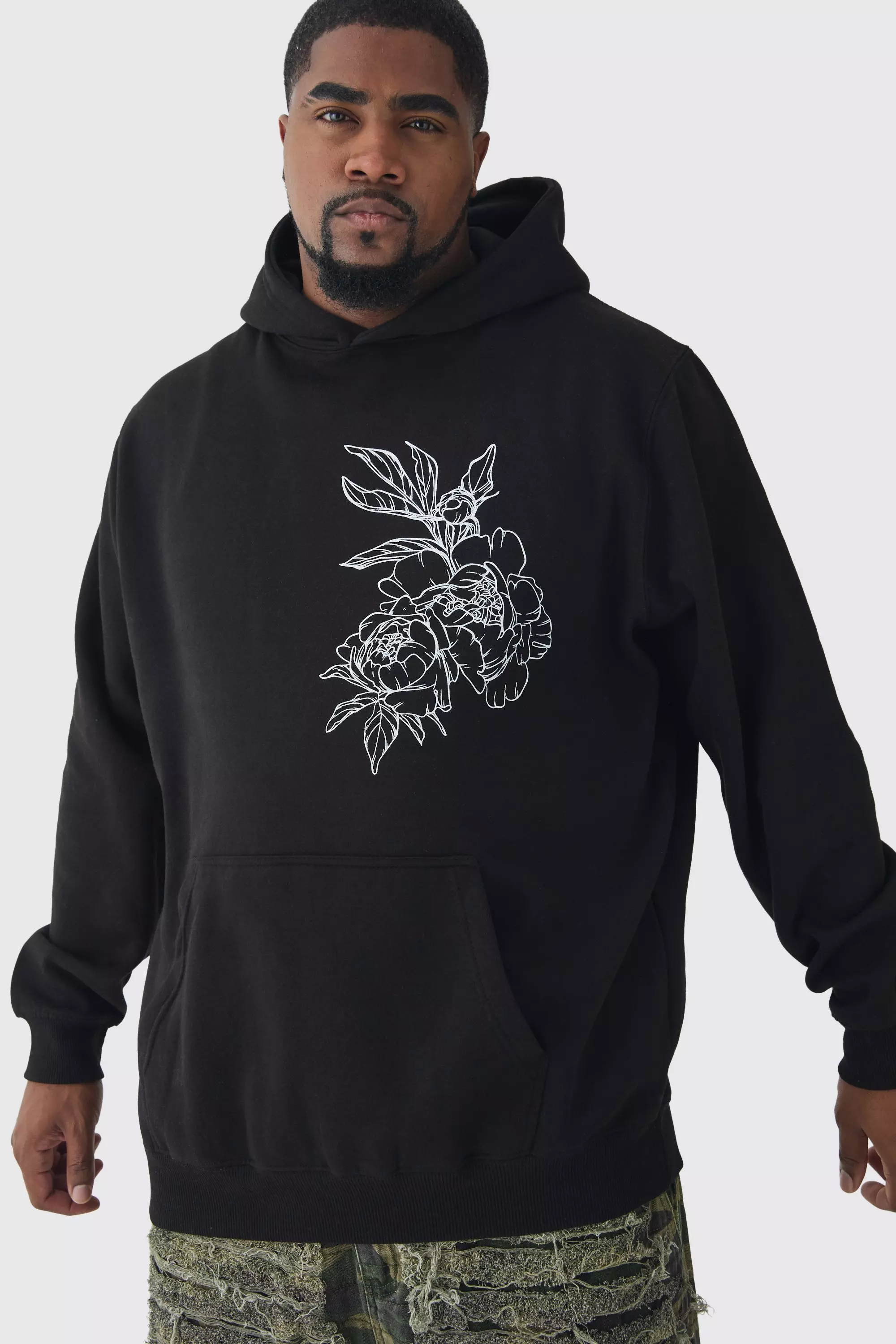 Black Plus Line Drawing Regular Fit Hoodie