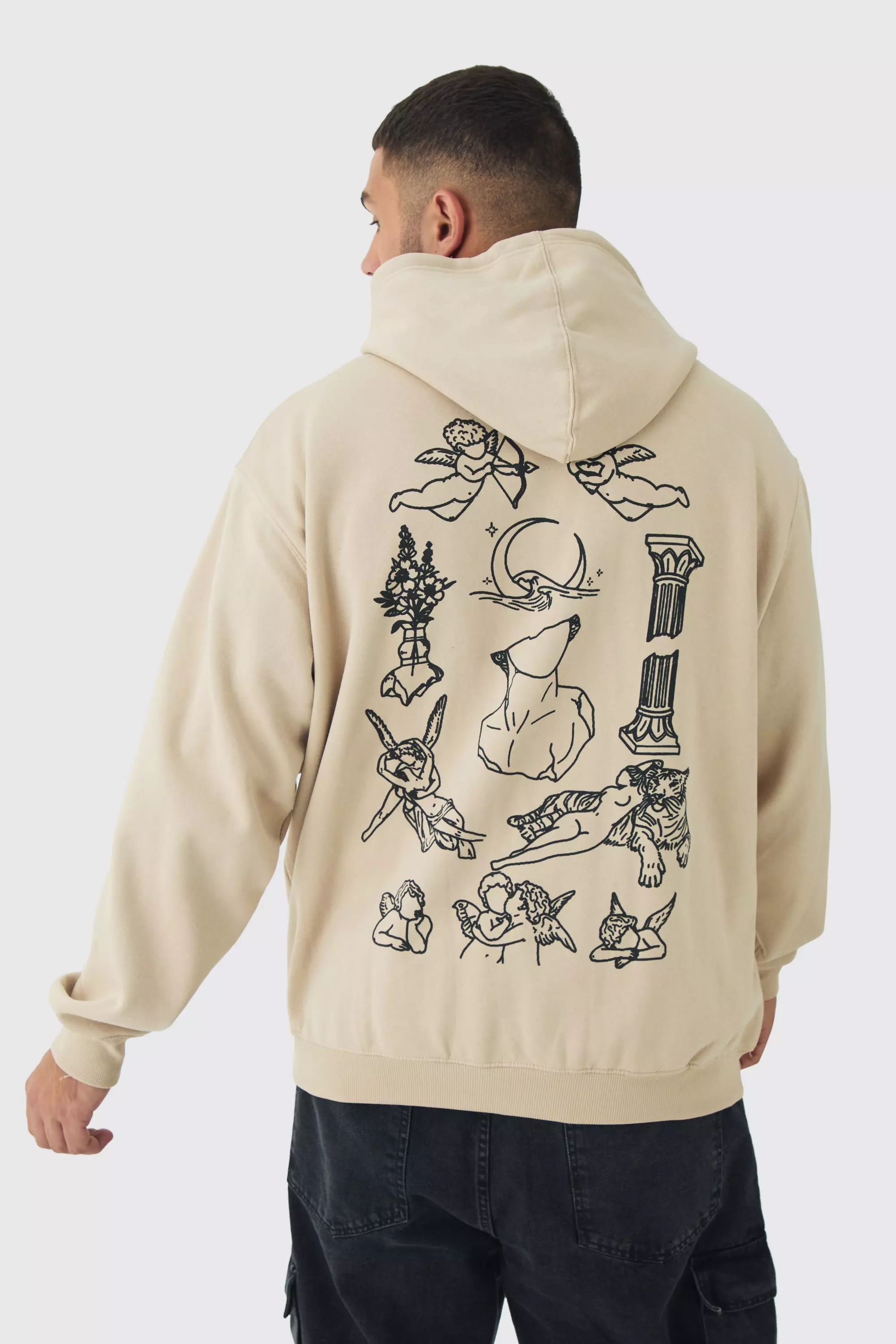 Plus Patchwork Tattoo Print Oversized Hoodie Sand