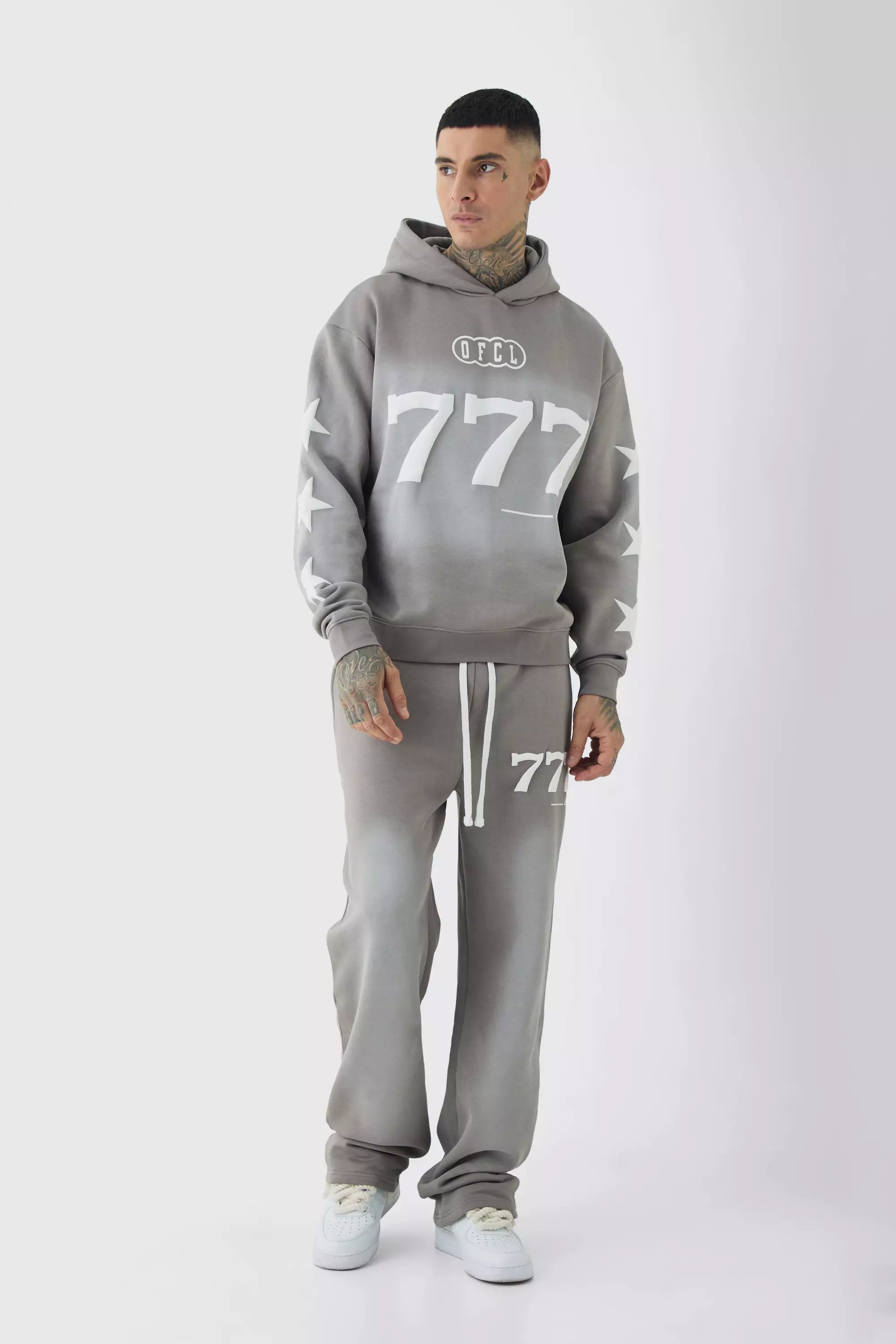 Charcoal Grey Tall Oversized Boxy Puff Print Spray Wash Moto Hooded Tracksuit