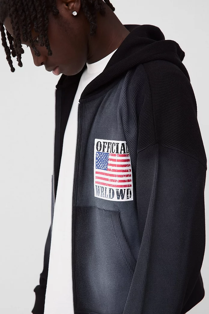 Shrunken Fit Waffle Sun Fade Printed Zip Through Hoodie Shrunken Fit Waffle Sun Fade Printed Zip Through Hoodie