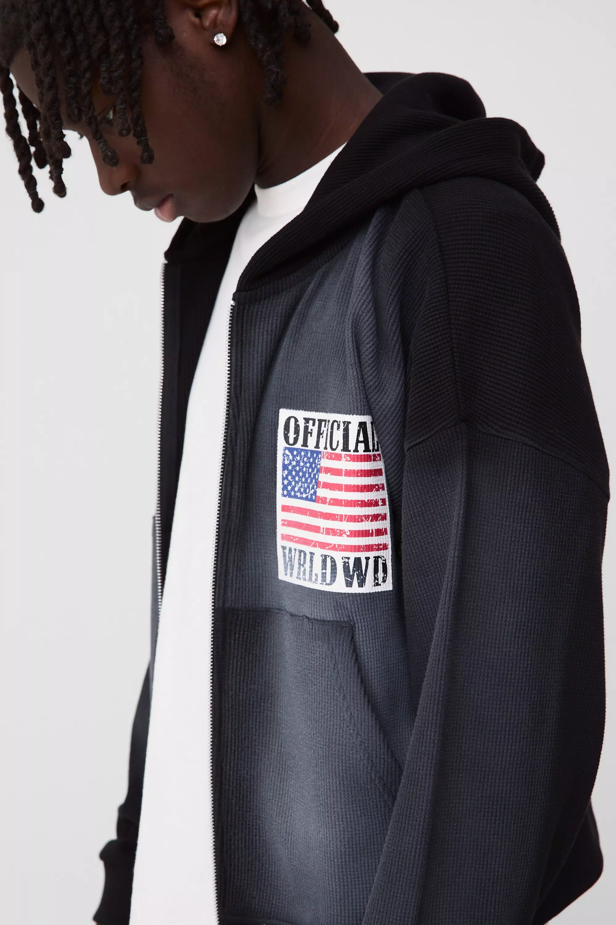 Shrunken Fit Waffle Sun Fade Printed Zip Through Hoodie