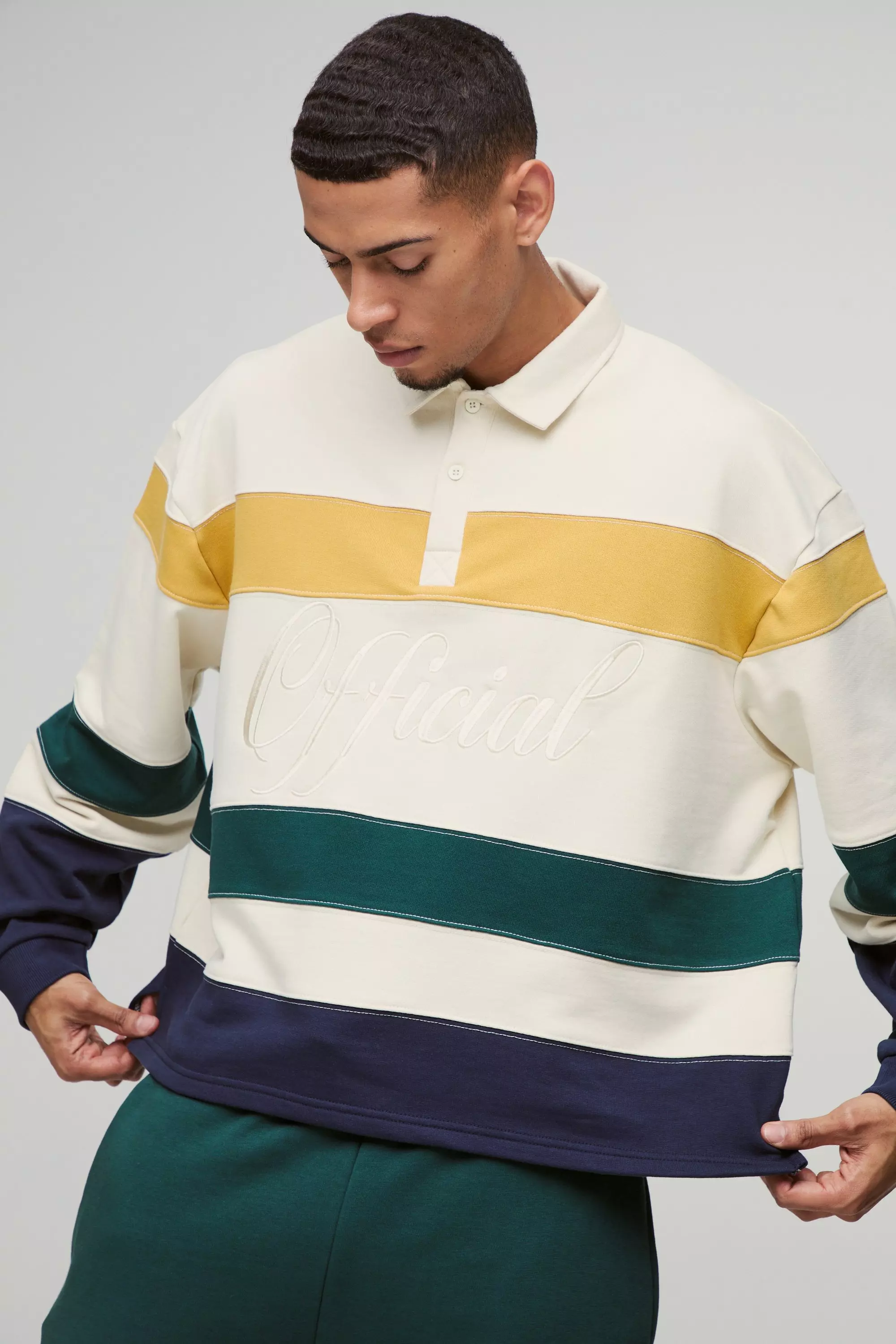 Oversized Boxy Stripe Embroidered Rugby Polo Sweatshirt boohooMAN UK