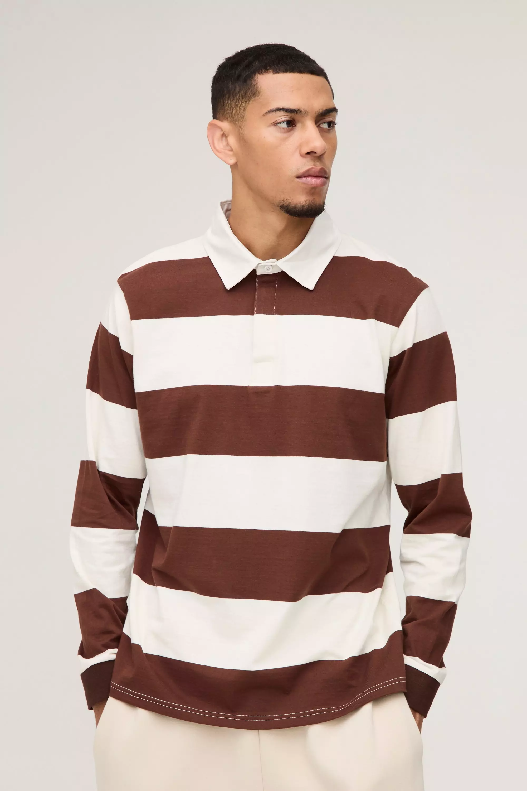 Stripe Long Sleeve Rugby Polo Chocolate