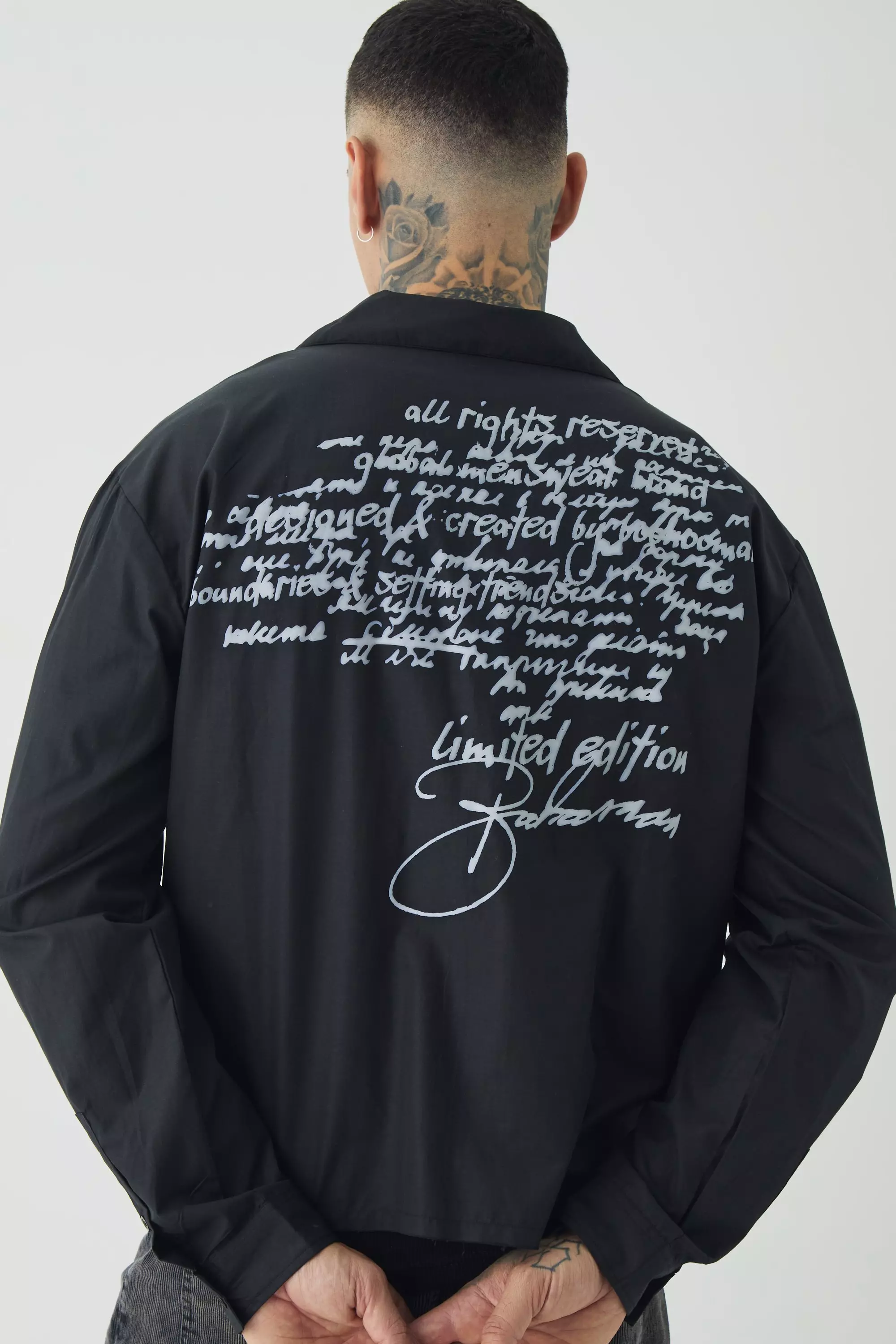 Tall Oversized Script Graphic Boxy Long Sleeve Revere Shirt Black