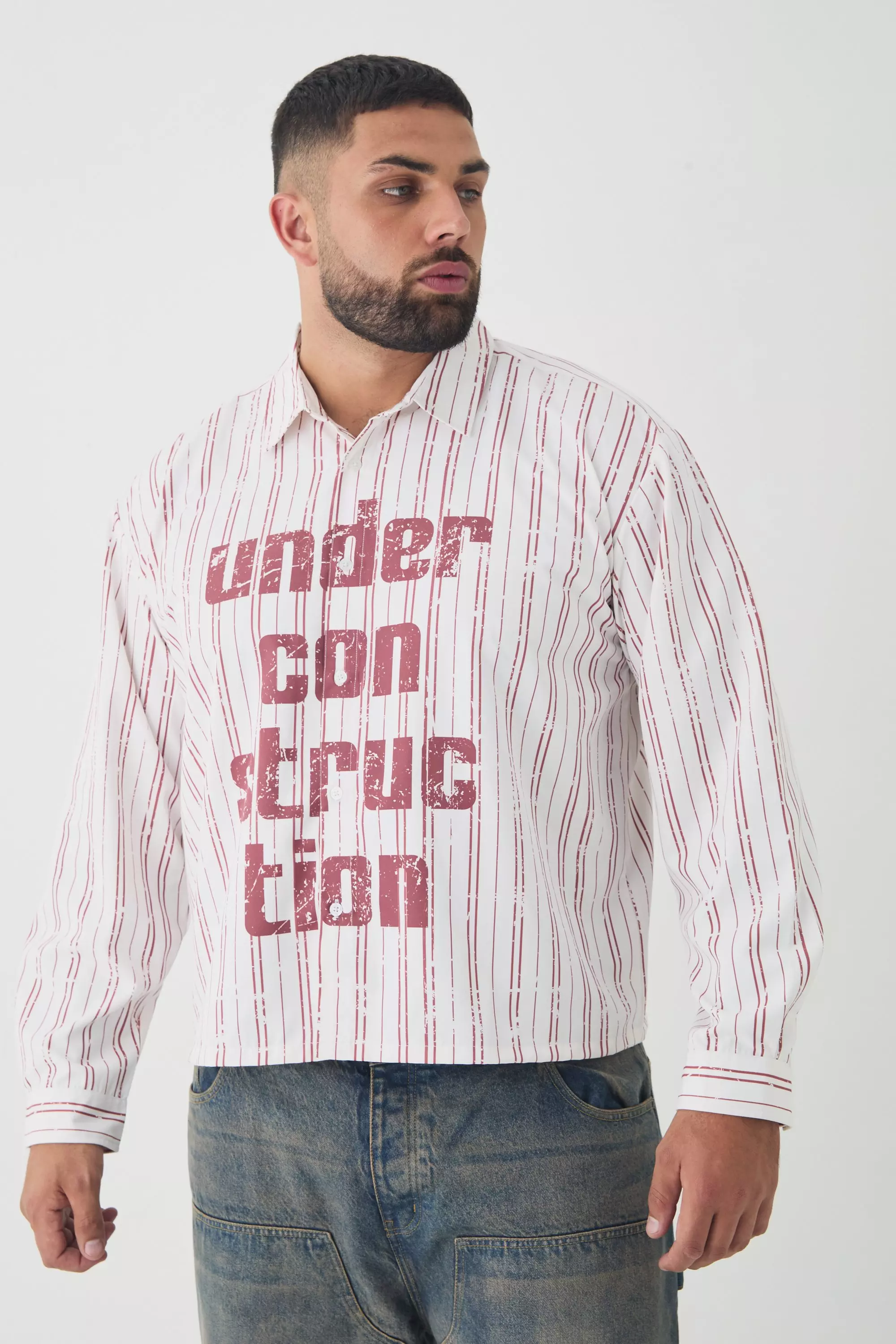 Plus Oversized Stripe Front Graphic Boxy Long Sleeve Shirt Stone