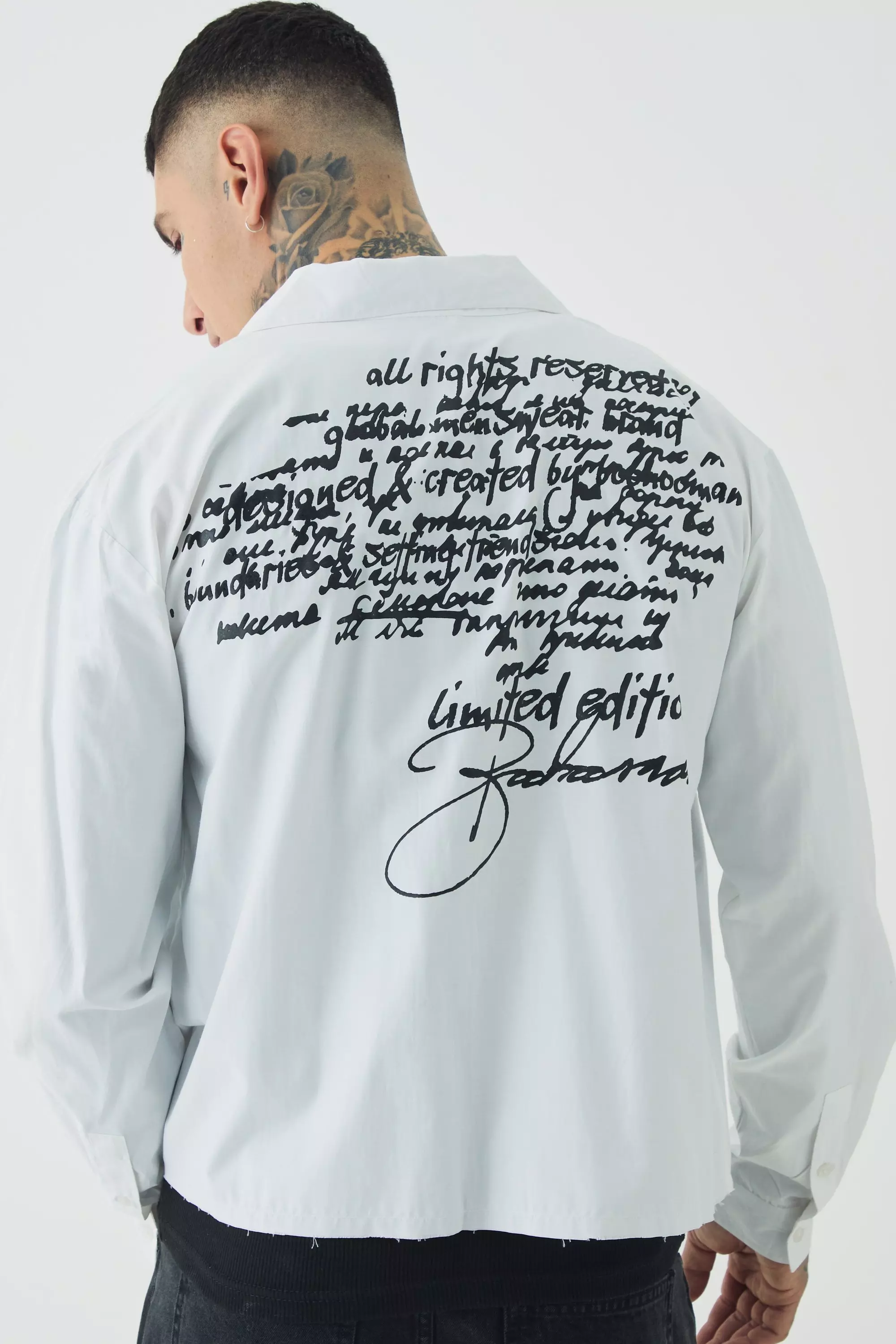 Tall Oversized Script Graphic Boxy Long Sleeve Revere Shirt White