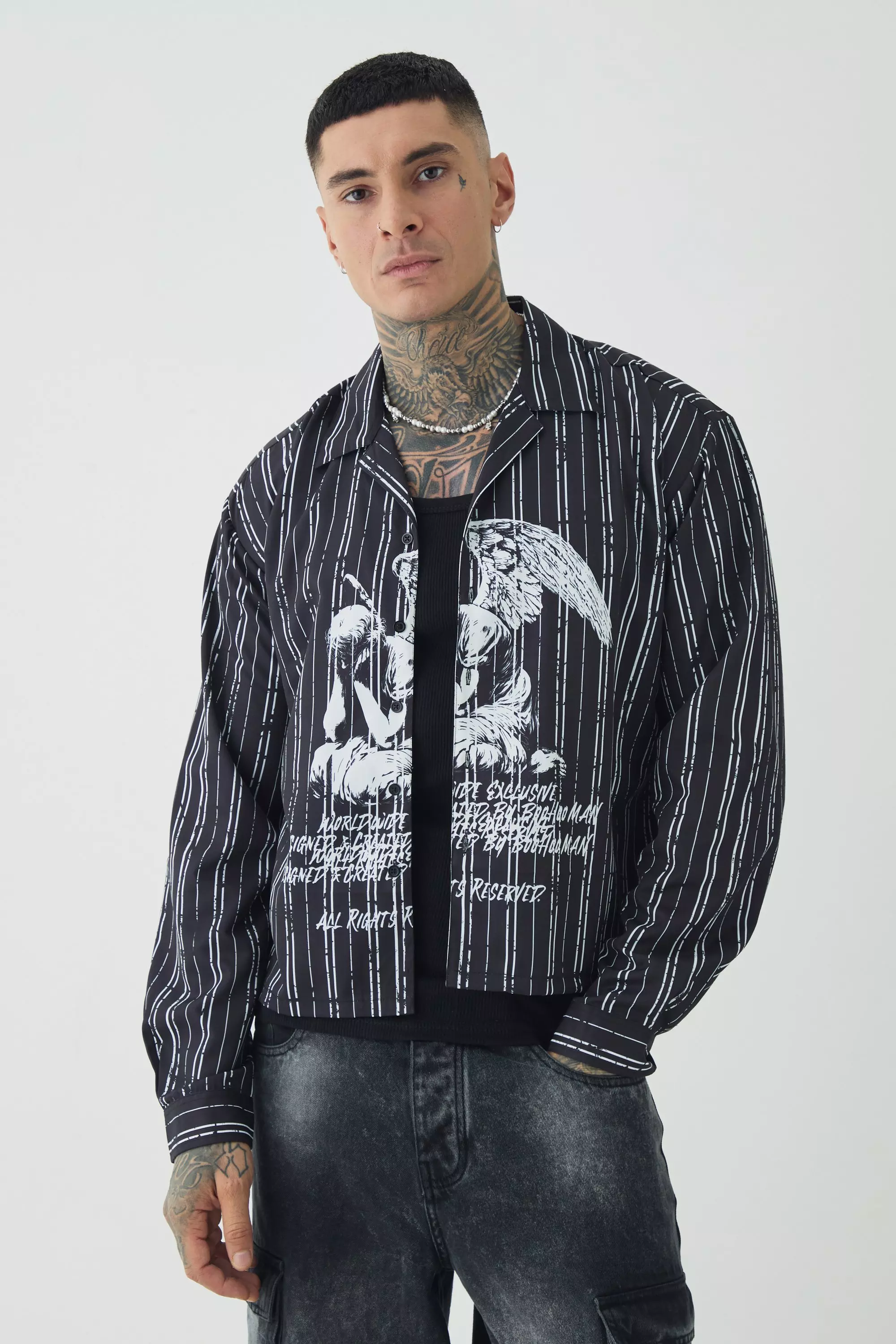 Black Tall Oversized Cherub Printed Long Sleeve Boxy Revere Shirt