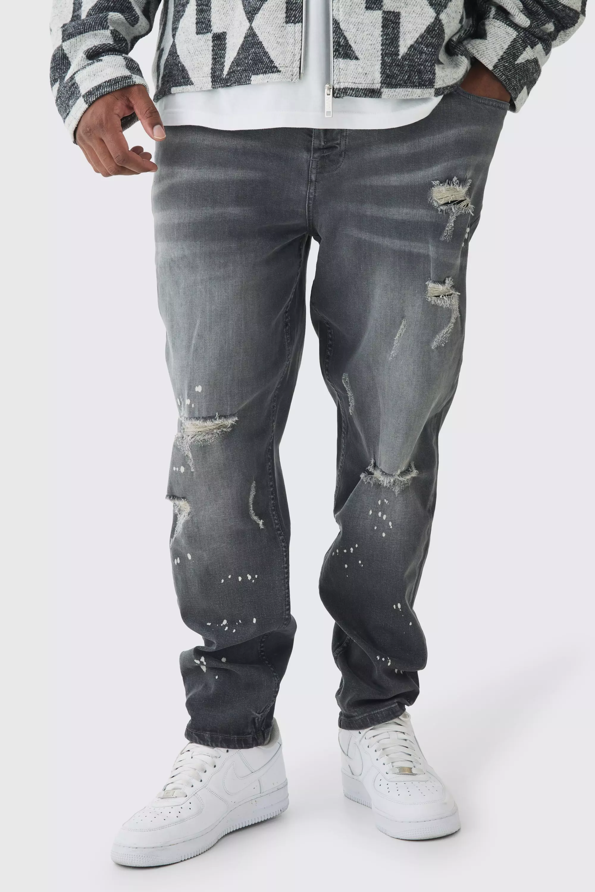 Grey Plus Skinny All Over Ripped Bleached Paint Splatter Jeans