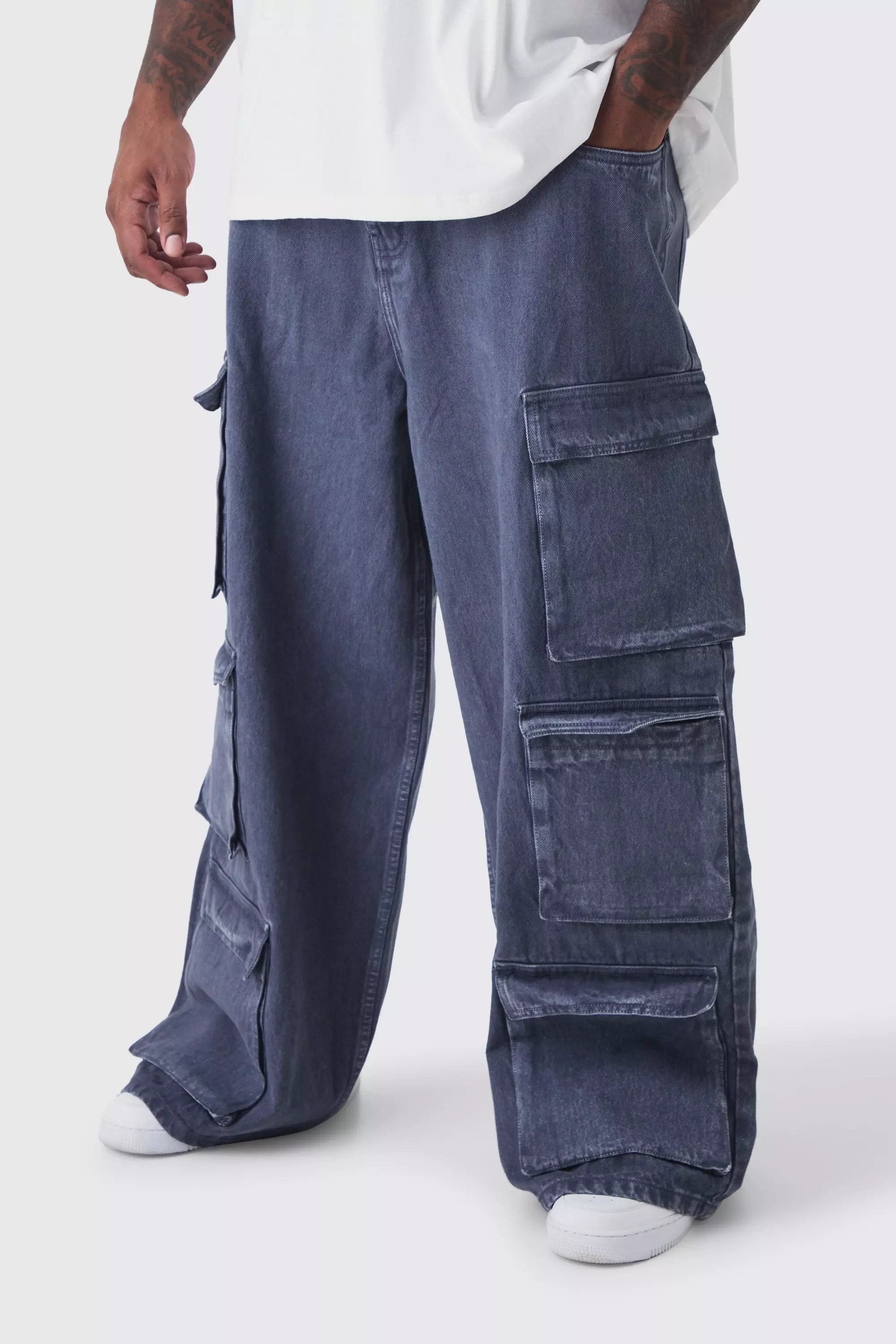 Grey Plus Baggy Fit Washed Multi Pocket Cargo Jeans alternative image