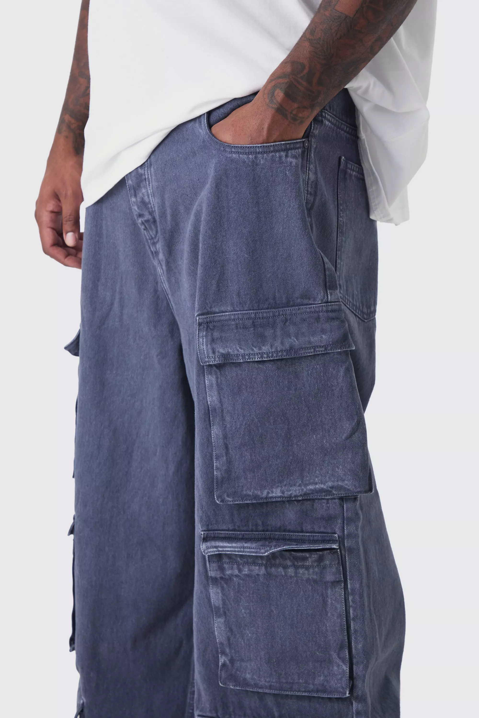 Grey Plus Baggy Fit Washed Multi Pocket Cargo Jeans alternative image