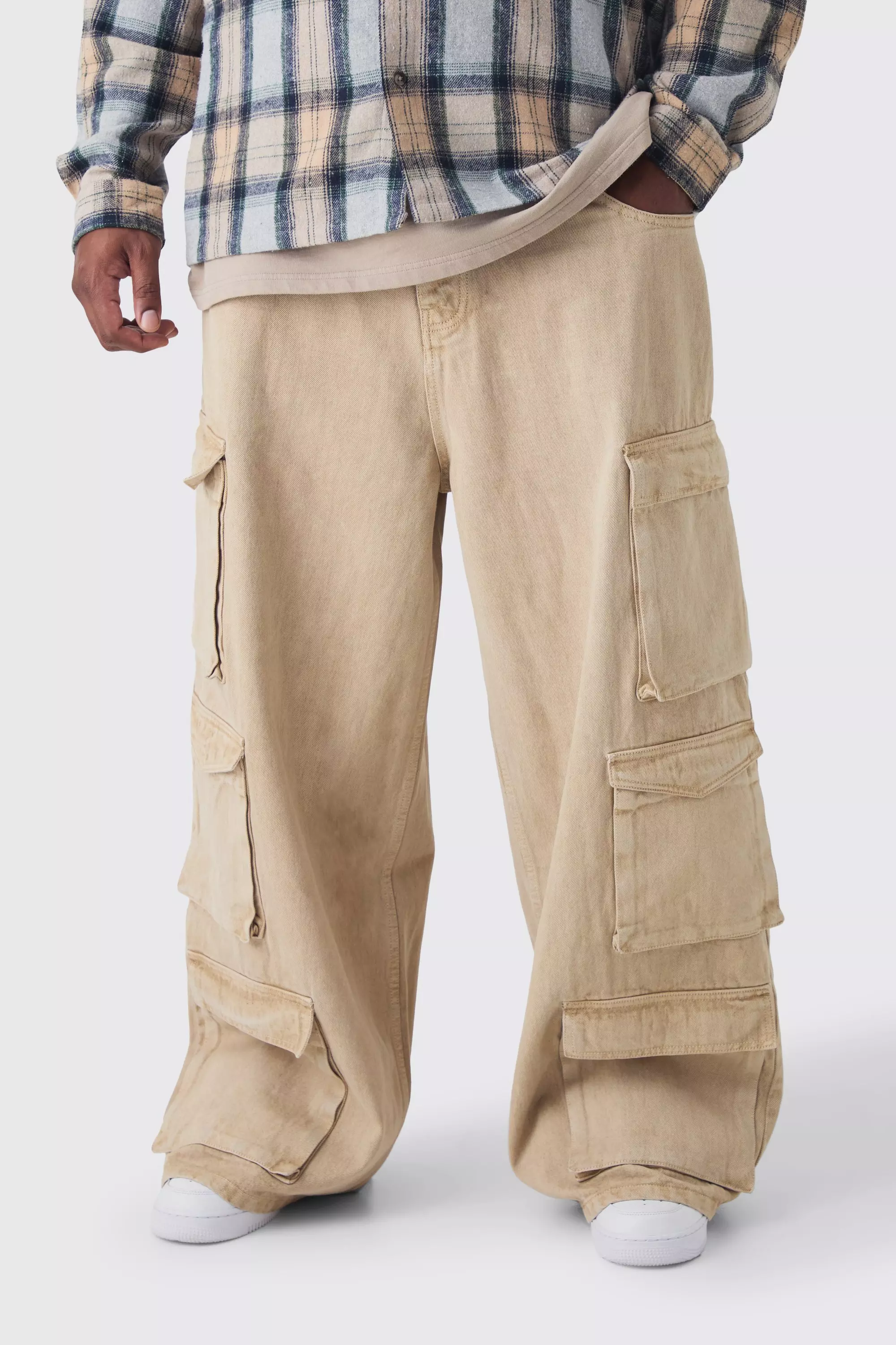 Plus Baggy Fit Washed Multi Pocket Cargo Jeans Stone