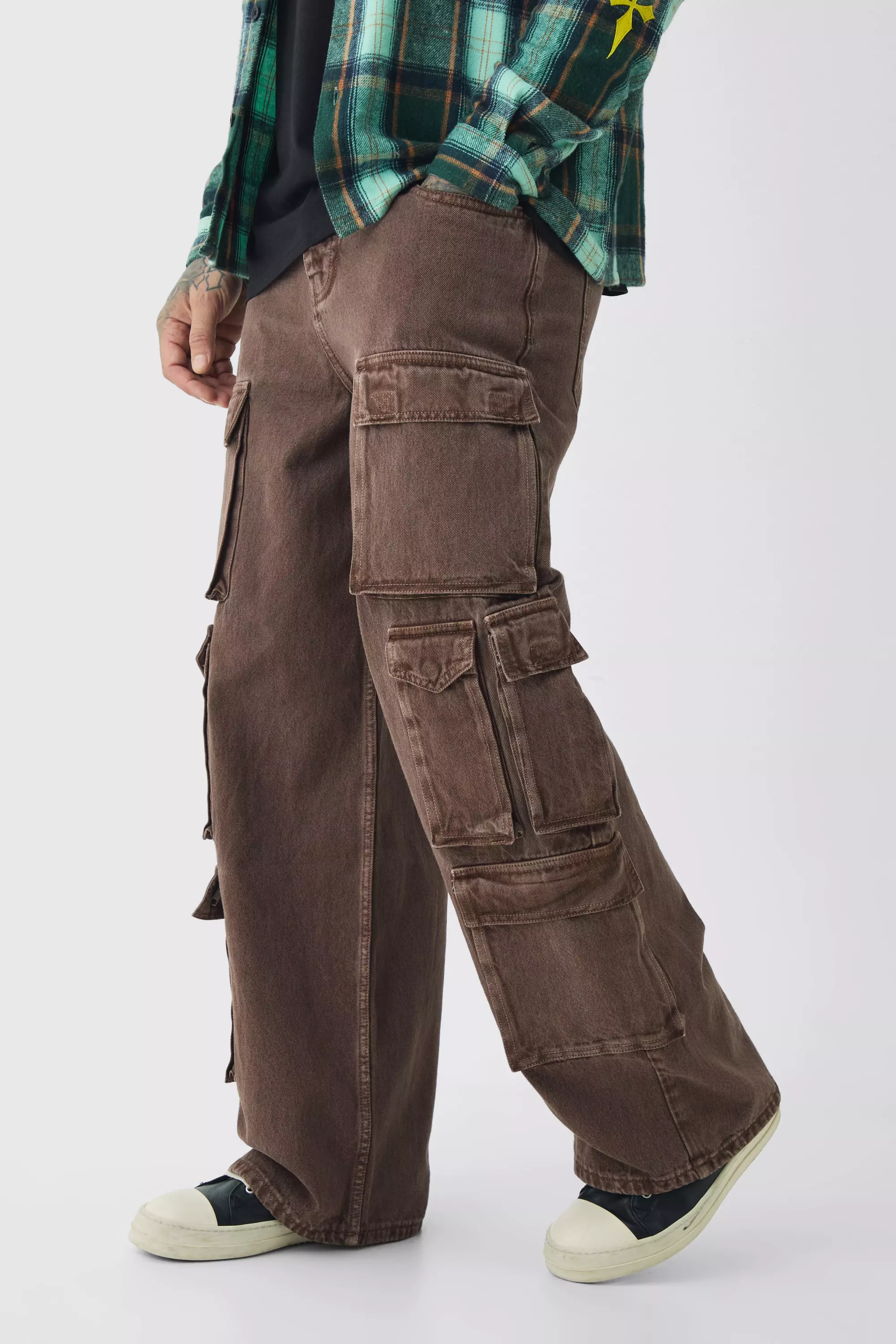 Chocolate Tall Baggy Fit Washed Multi Pocket Cargo Jeans alternative image