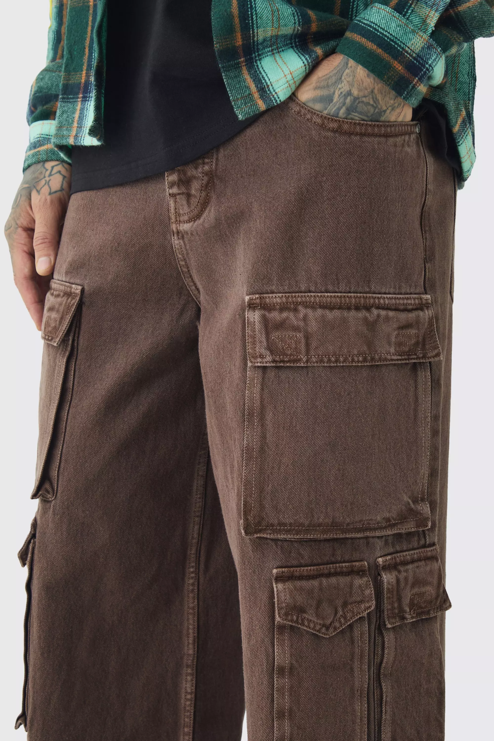 Chocolate Tall Baggy Fit Washed Multi Pocket Cargo Jeans alternative image