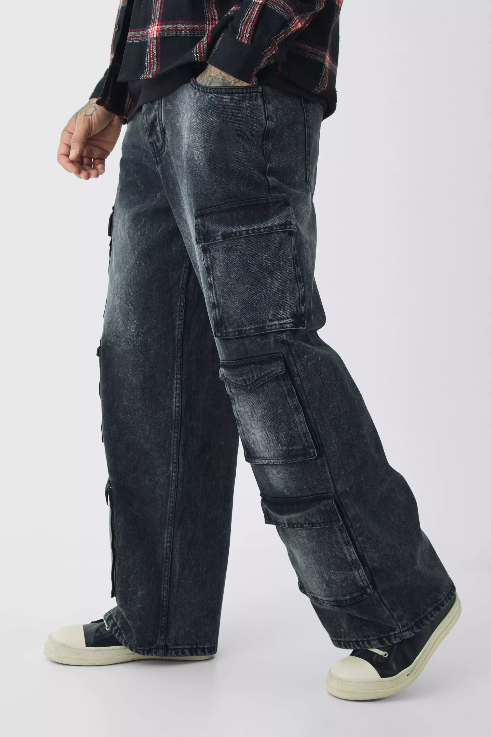 Tall - Jean cargo baggy délavé à poches multiples, Washed black autre image