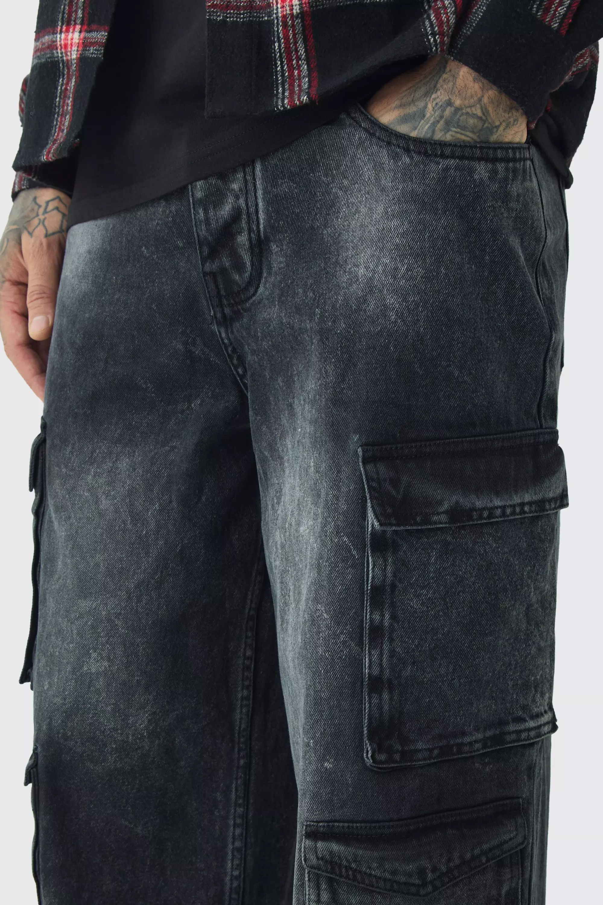 Tall - Jean cargo baggy délavé à poches multiples, Washed black autre image