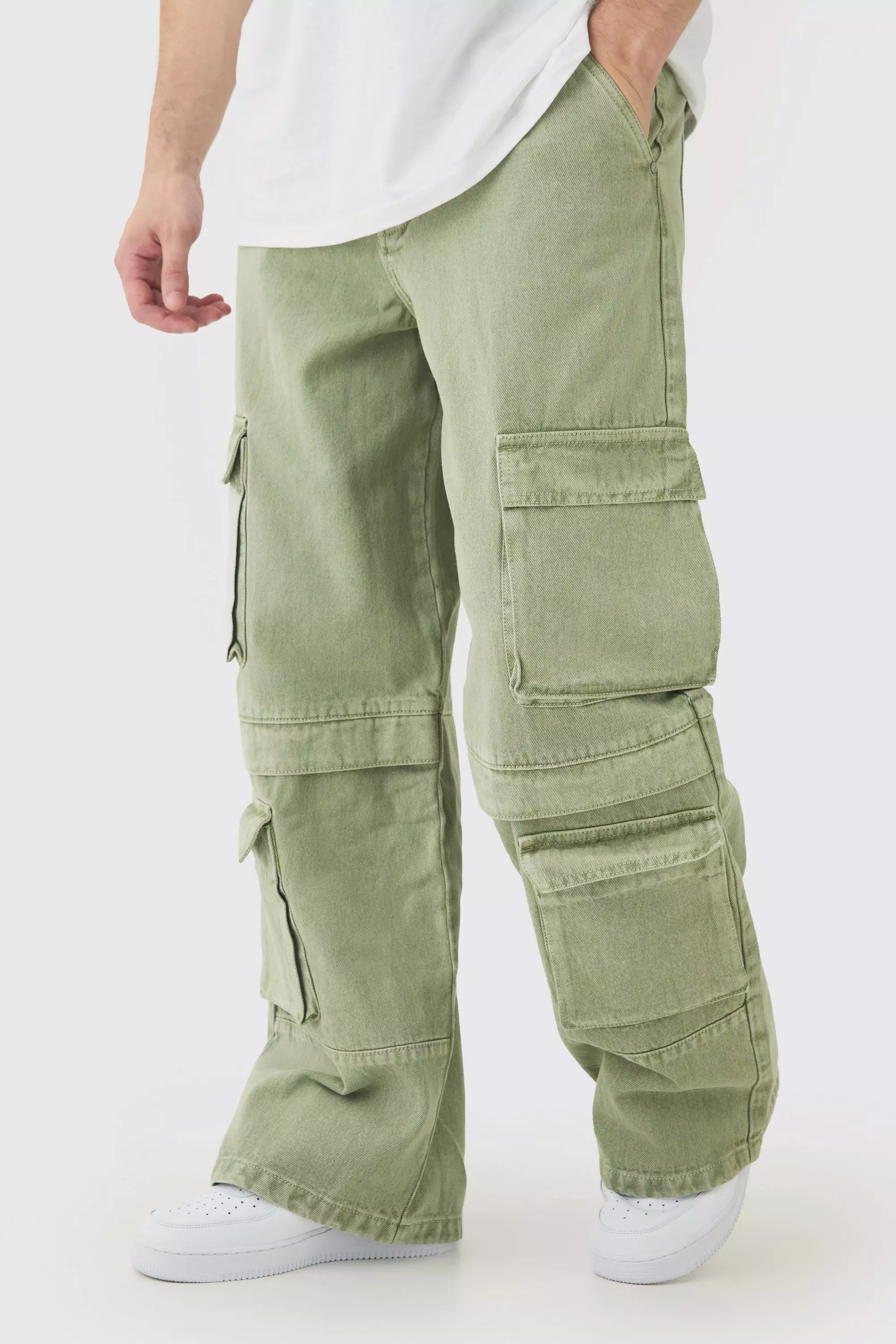 Khaki Tall Gebleekte Baggy Cargo Jeans Met Zakken alternatieve afbeelding