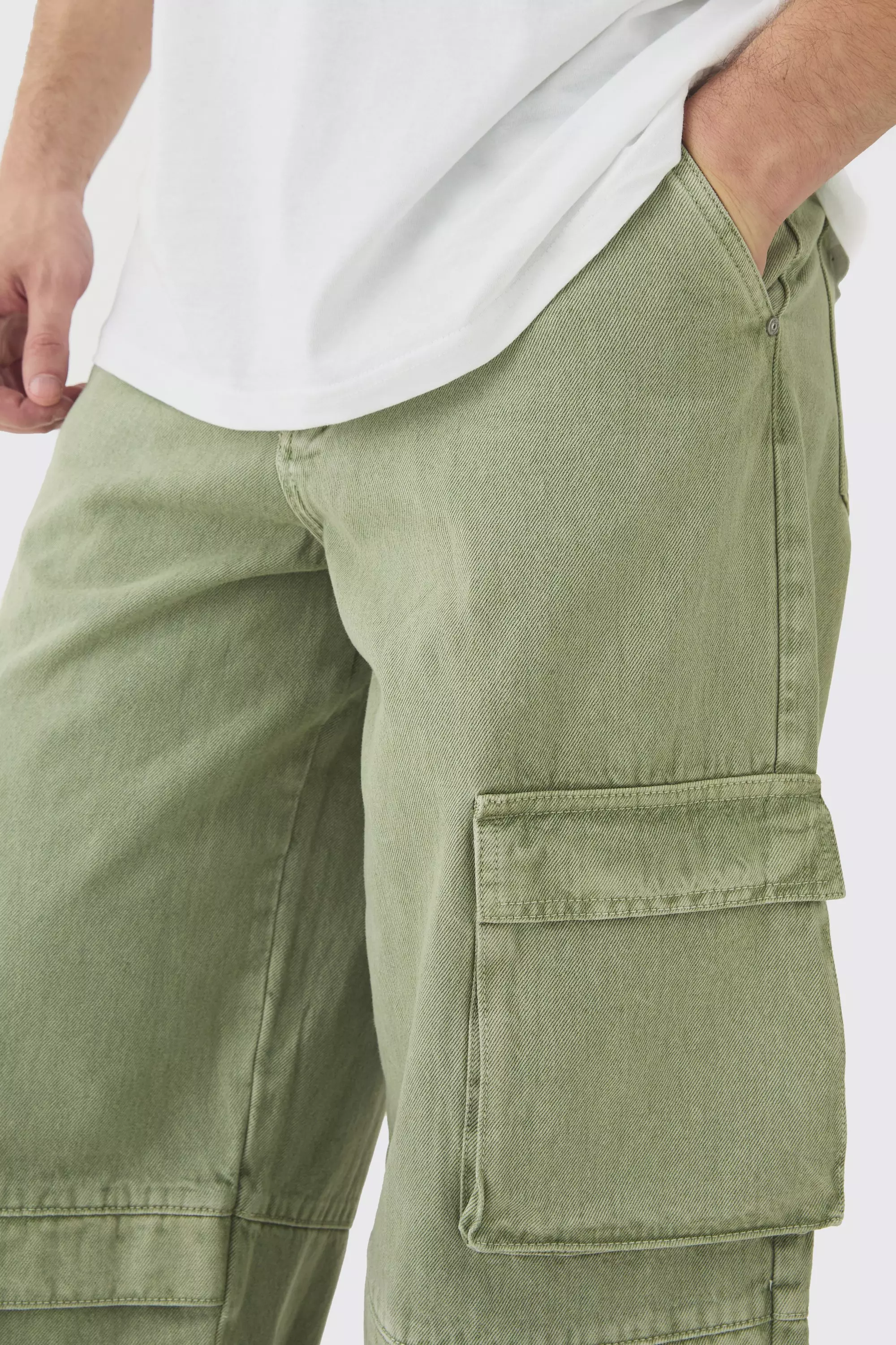 Khaki Tall Gebleekte Baggy Cargo Jeans Met Zakken alternatieve afbeelding