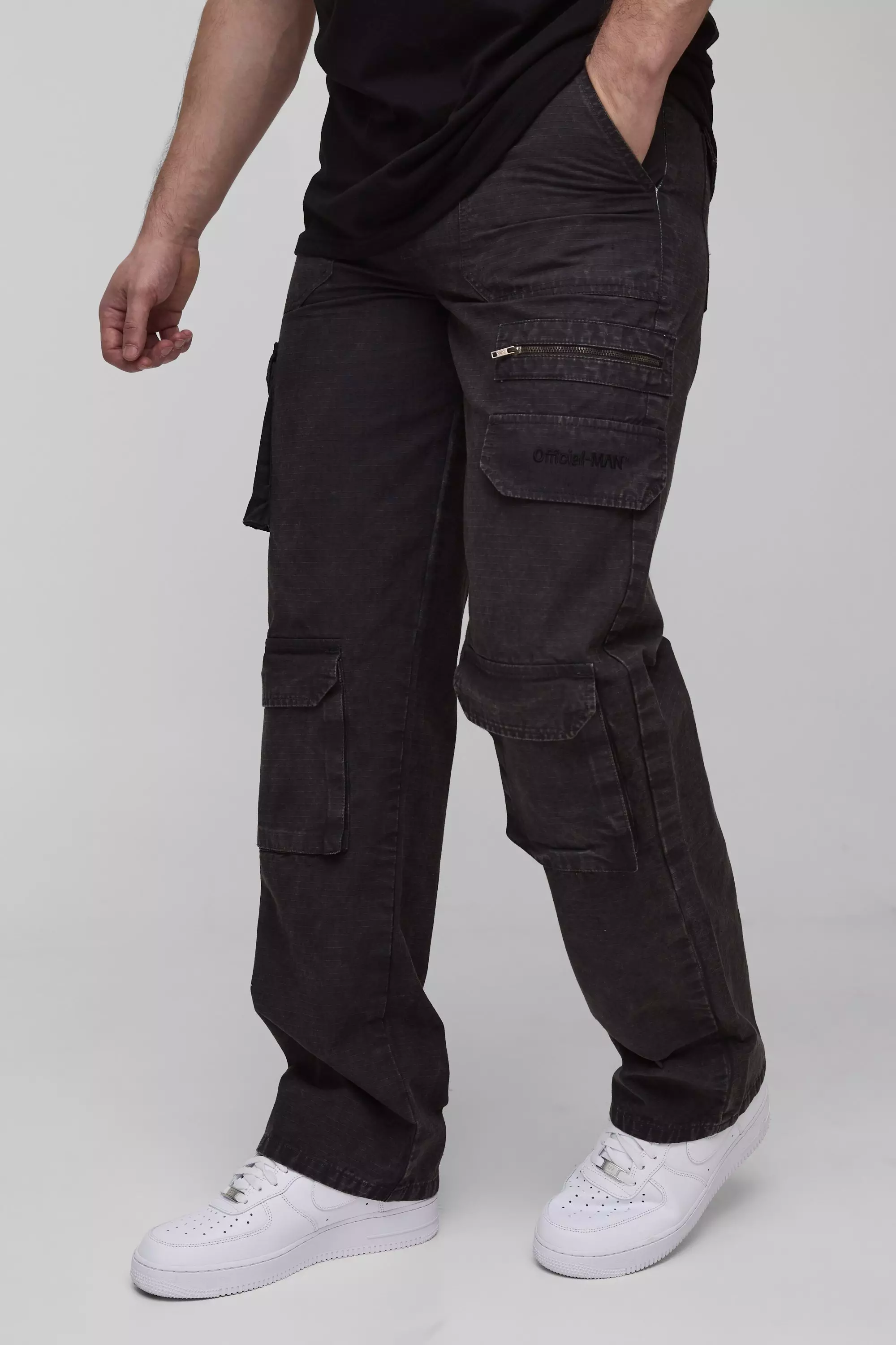 Tall Washed Ripstop Embroidered Relaxed Fit Cargo Trousers Charcoal