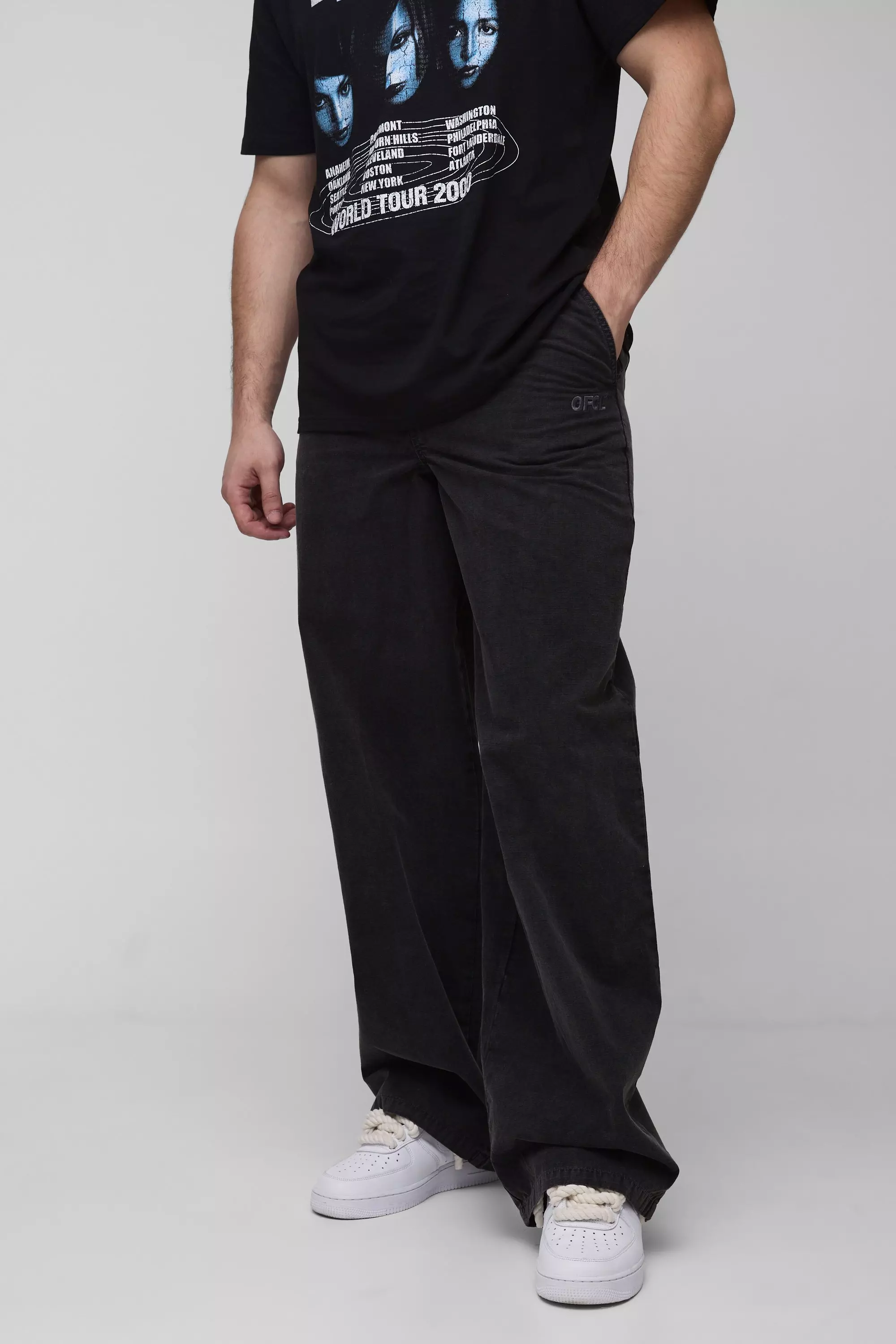 Black Tall Washed Ripstop Embroidered Baggy Trousers