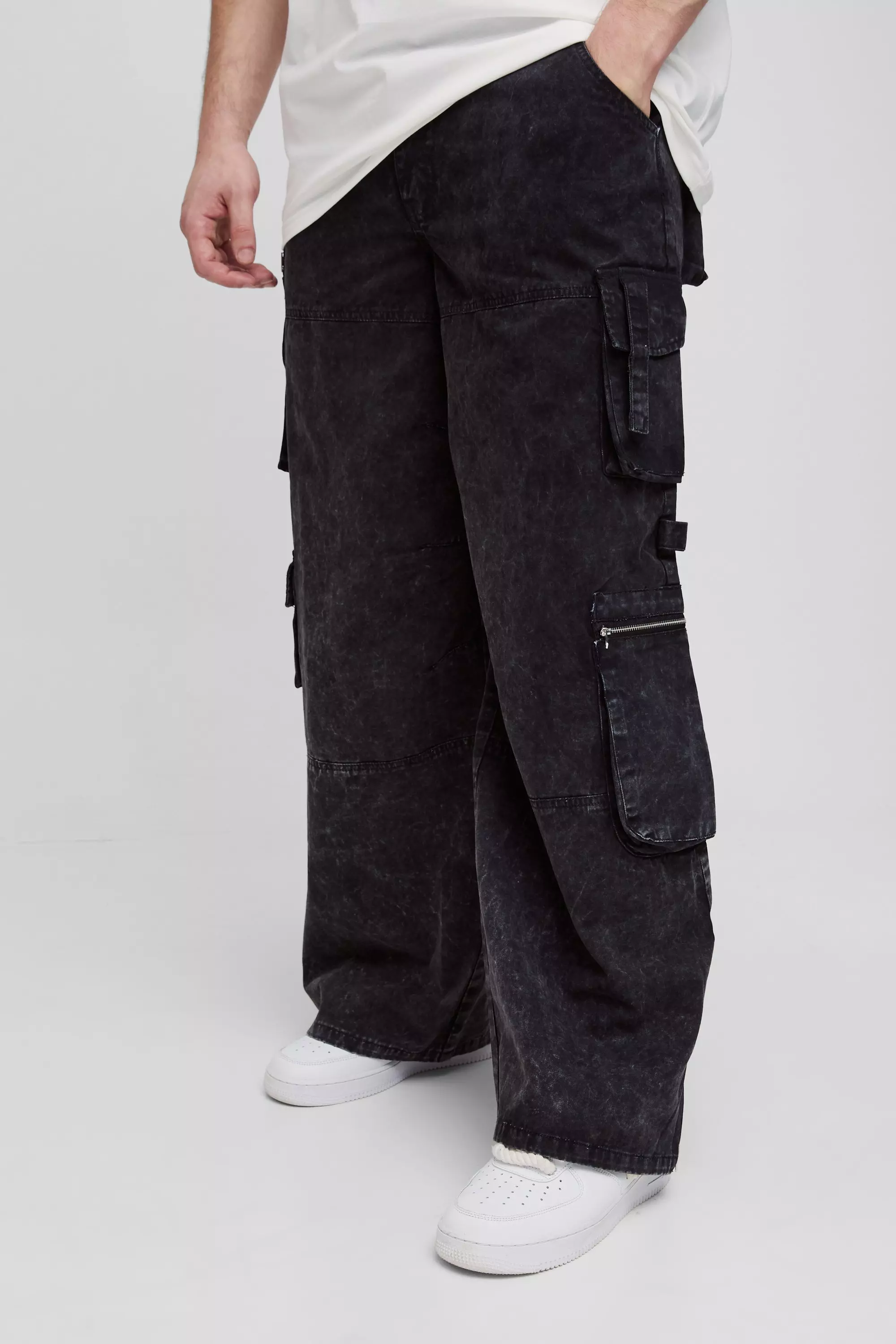 Tall Washed Twill Pleat Knee Multi Pocket Baggy Cargo Pants Black