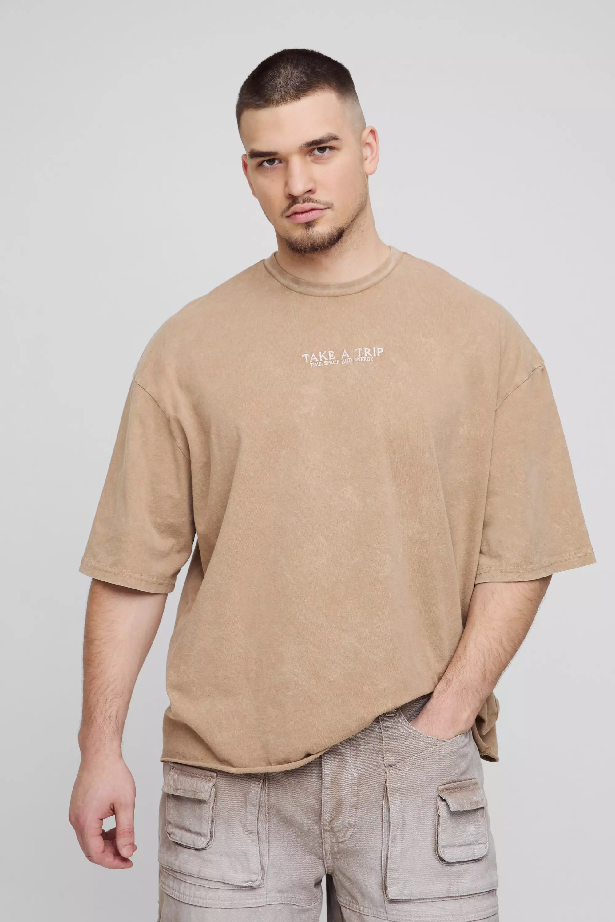 Brown Tall Oversized Boxy Washed Graphic Raw Hem T-shirt alternative image