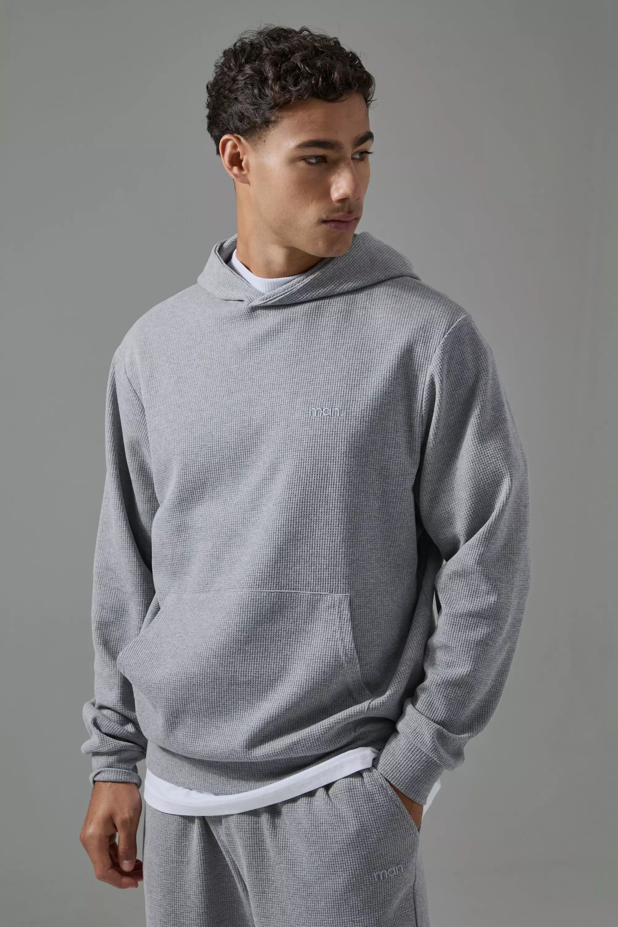 Man Sport Waffle Regular Fit Hoodie Grey marl