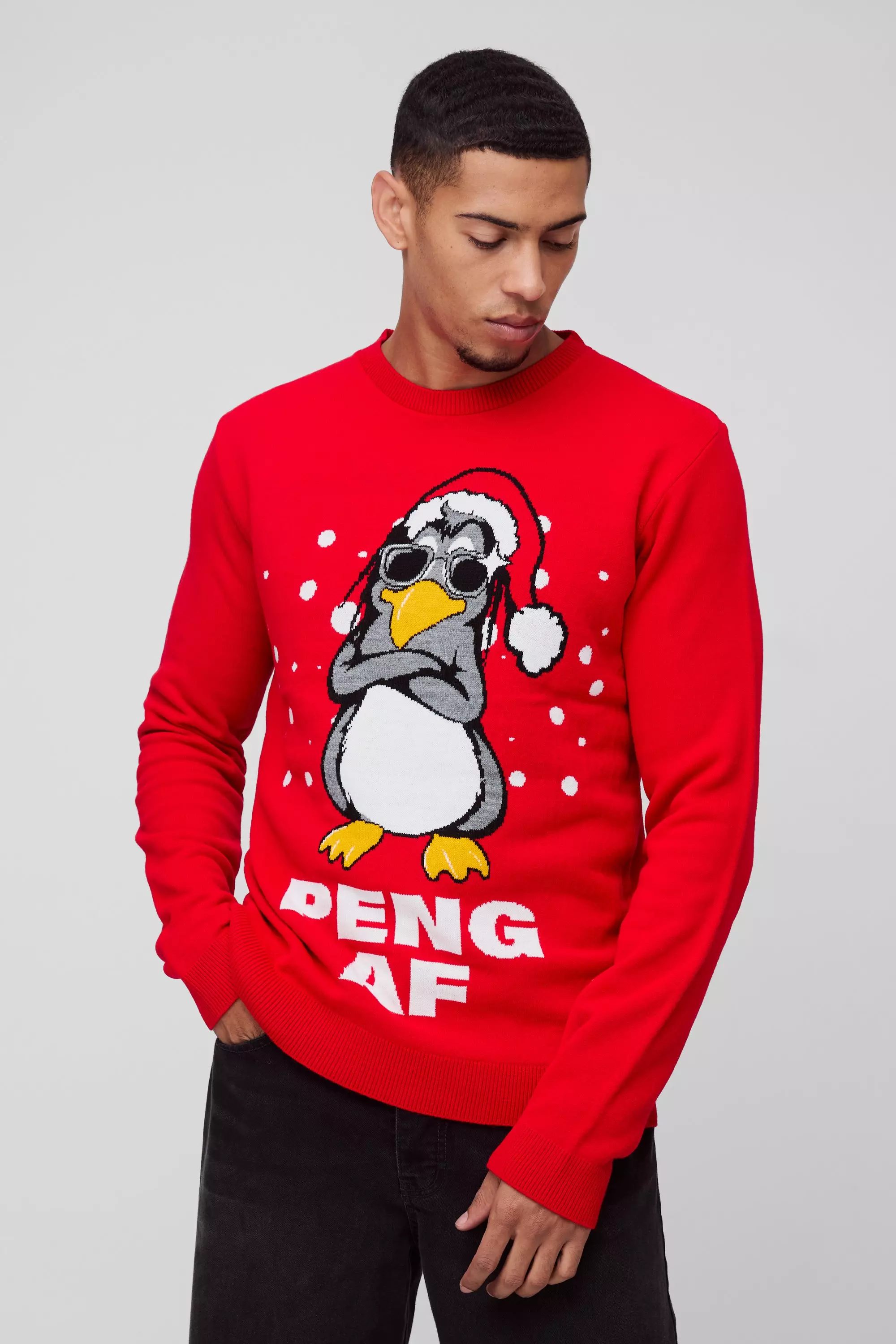 Regular Fit Peng Knitted Christmas Sweater Red