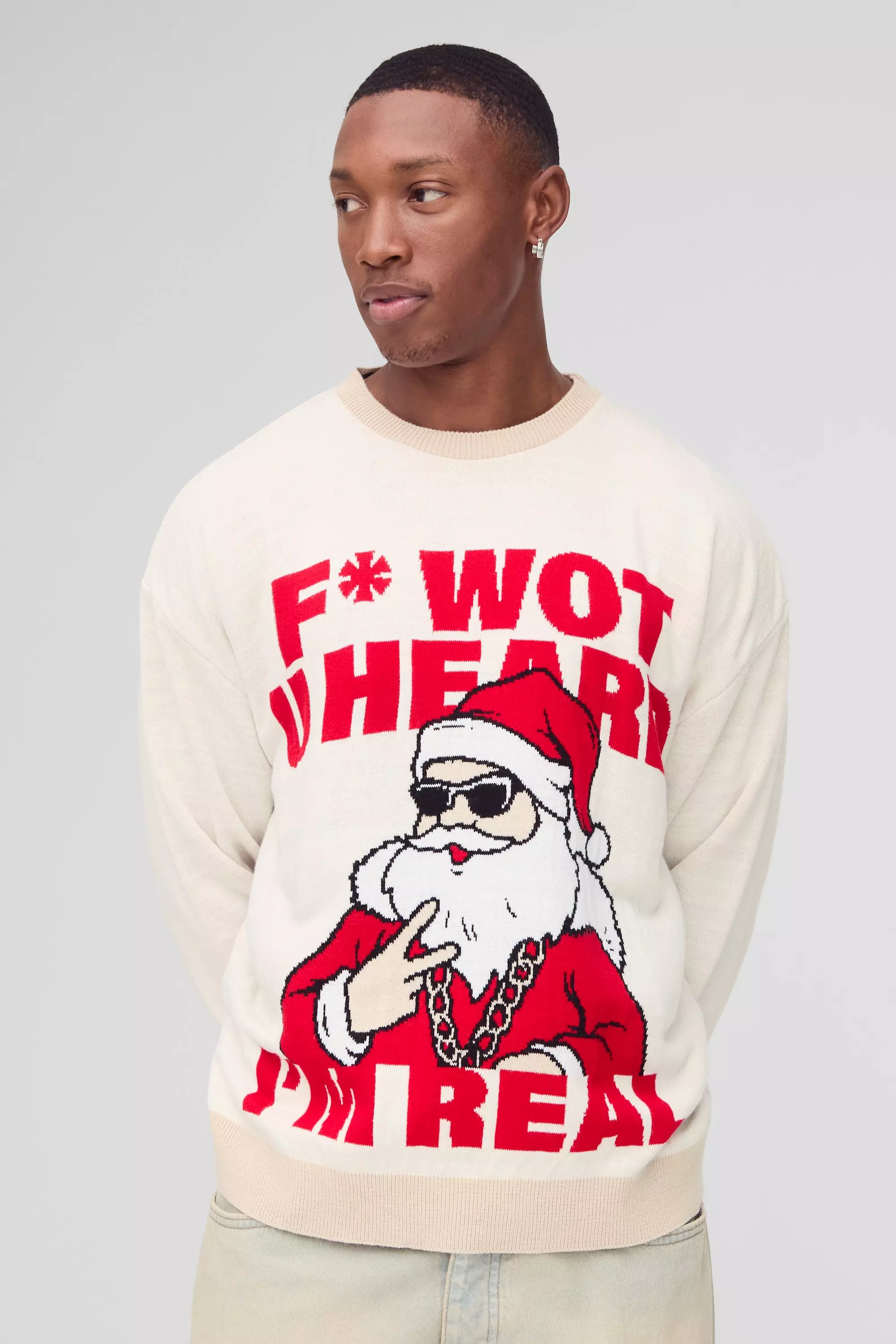 Oversized Boxy Im Real Christmas Sweater Stone