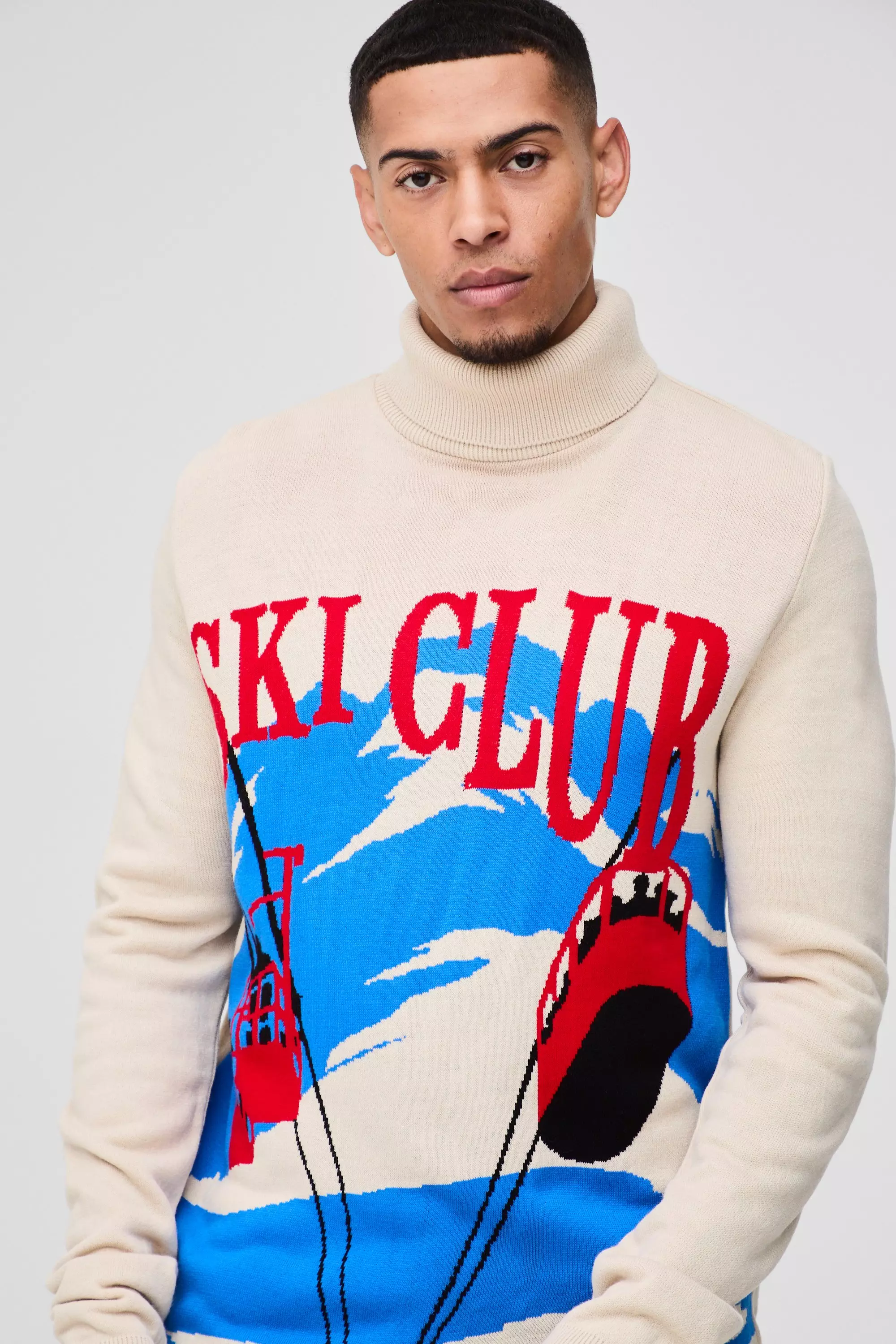 Regular Fit Roll Neck Ski Club Knitted Sweater boohooMAN USA