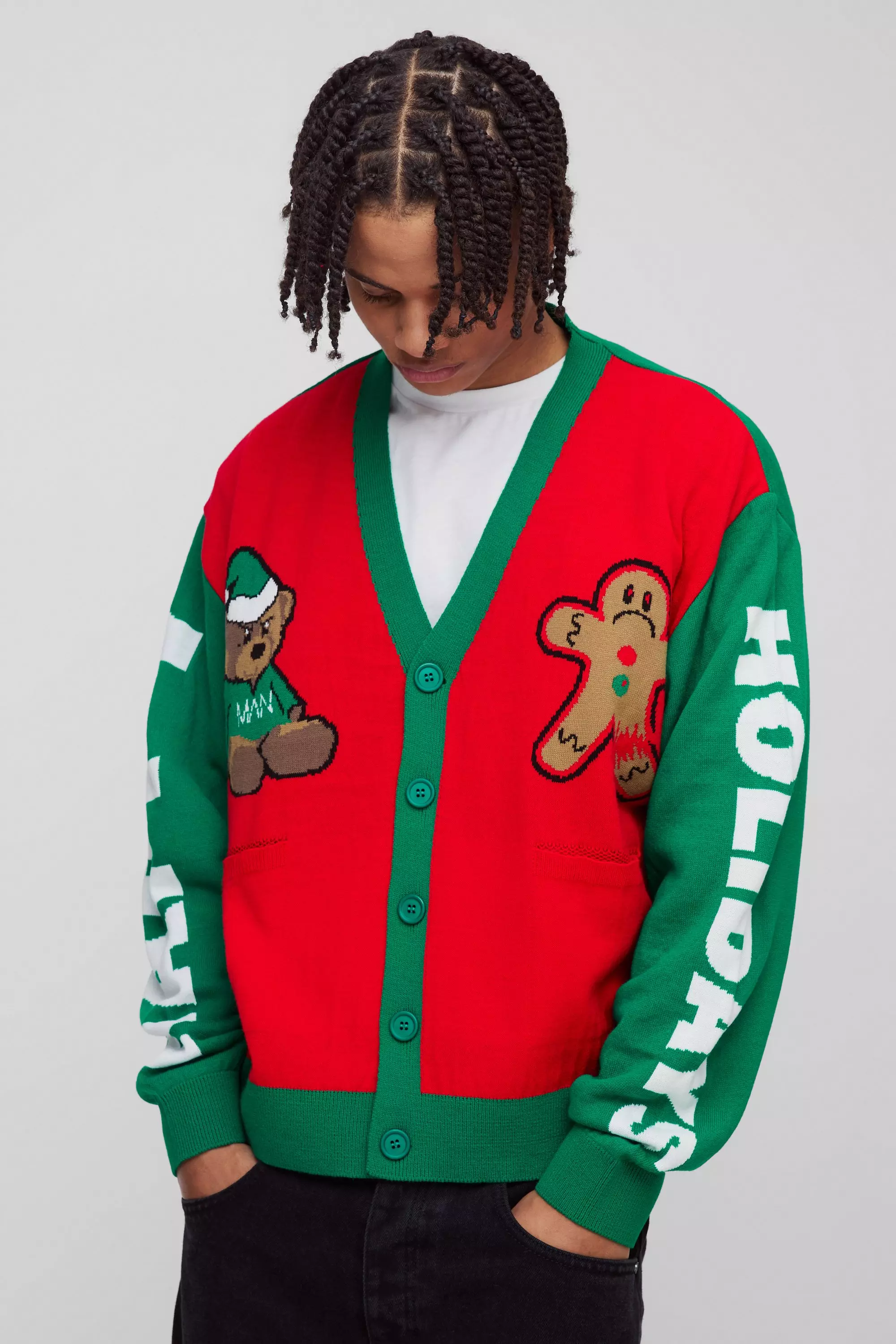 Red Oversized Boxy Christmas Teddy Knitted Cardigan alternative image