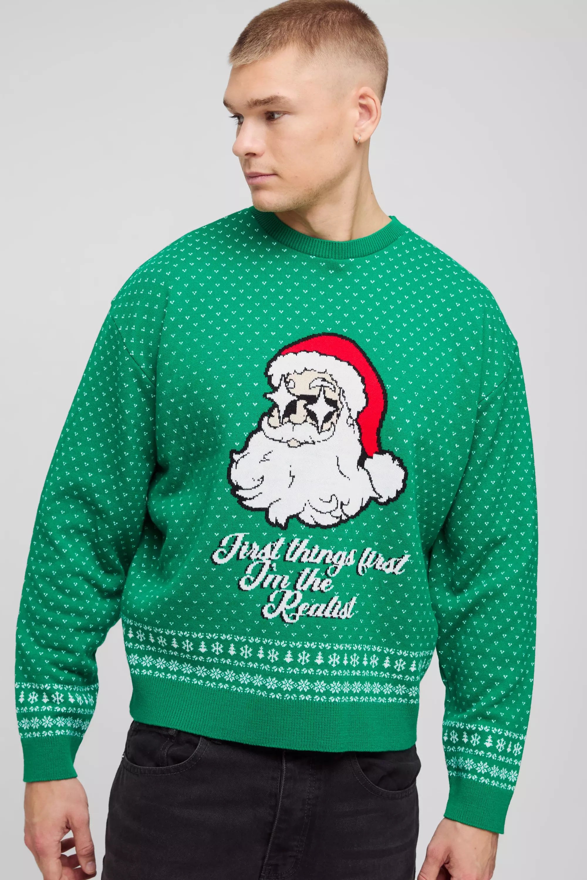 Oversized Boxy Santa Christmas Sweater Green