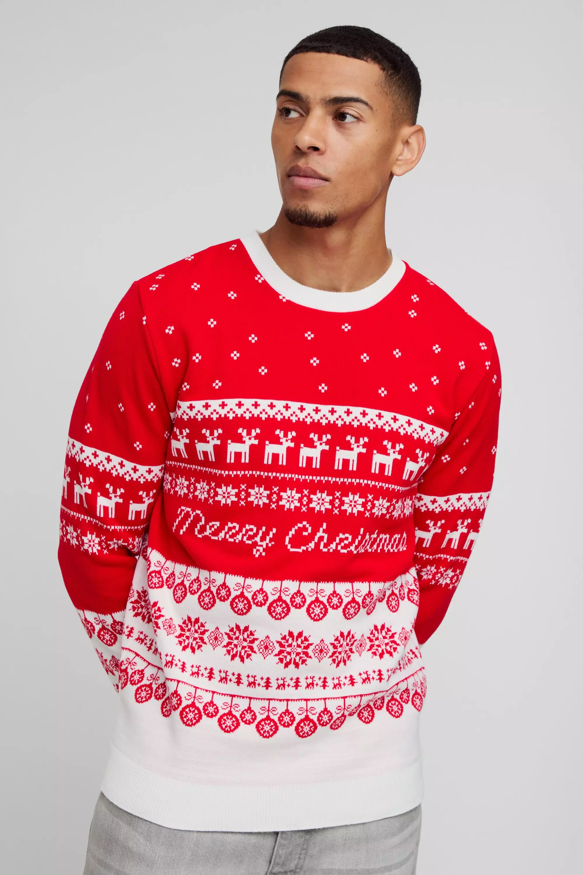 Red Regular Fit Man Fairisle Merry Christmas Knitted Jumper