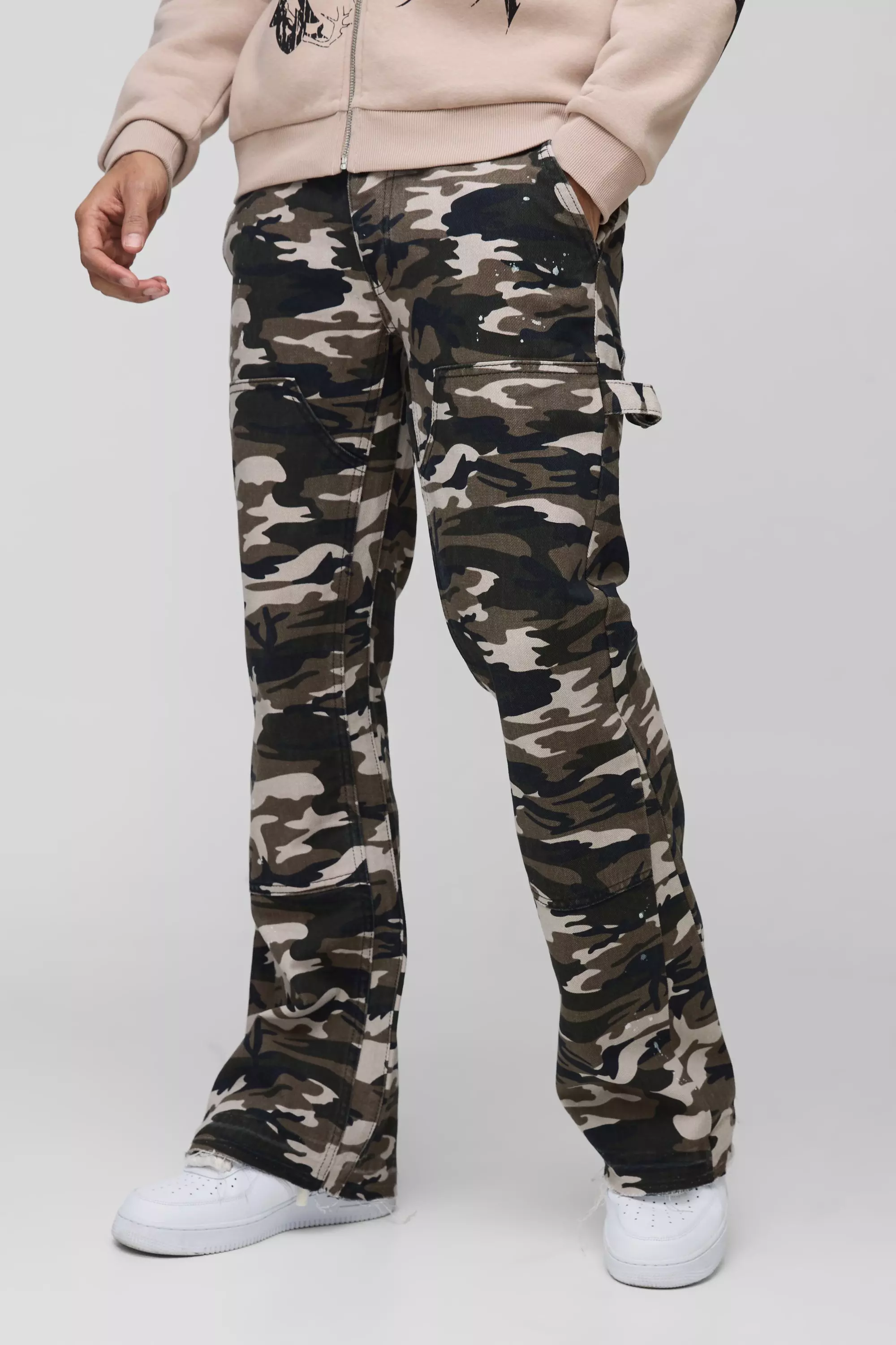 Camo Raw Hem Gusset Carpenter Flared Jeans Khaki