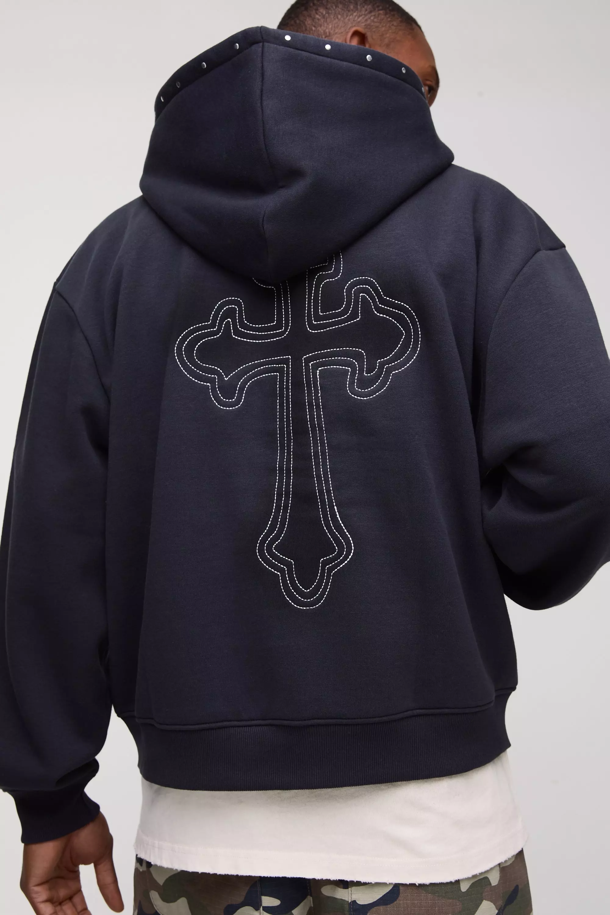 Oversized Boxy Cross Embroidered Zip Through Hoodie